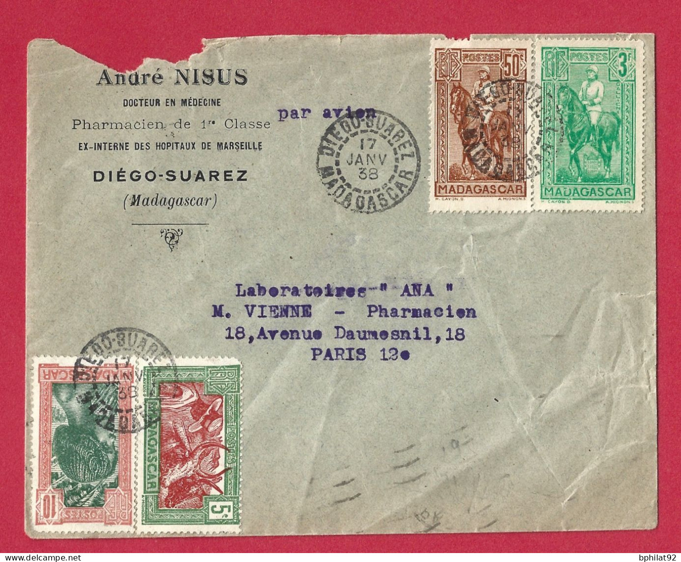 !!! MADAGASCAR, LETTRE PAR AVION DE DIEGO-SUAREZ POUR PARIS DE JANVIER 1938 - Poste Aérienne