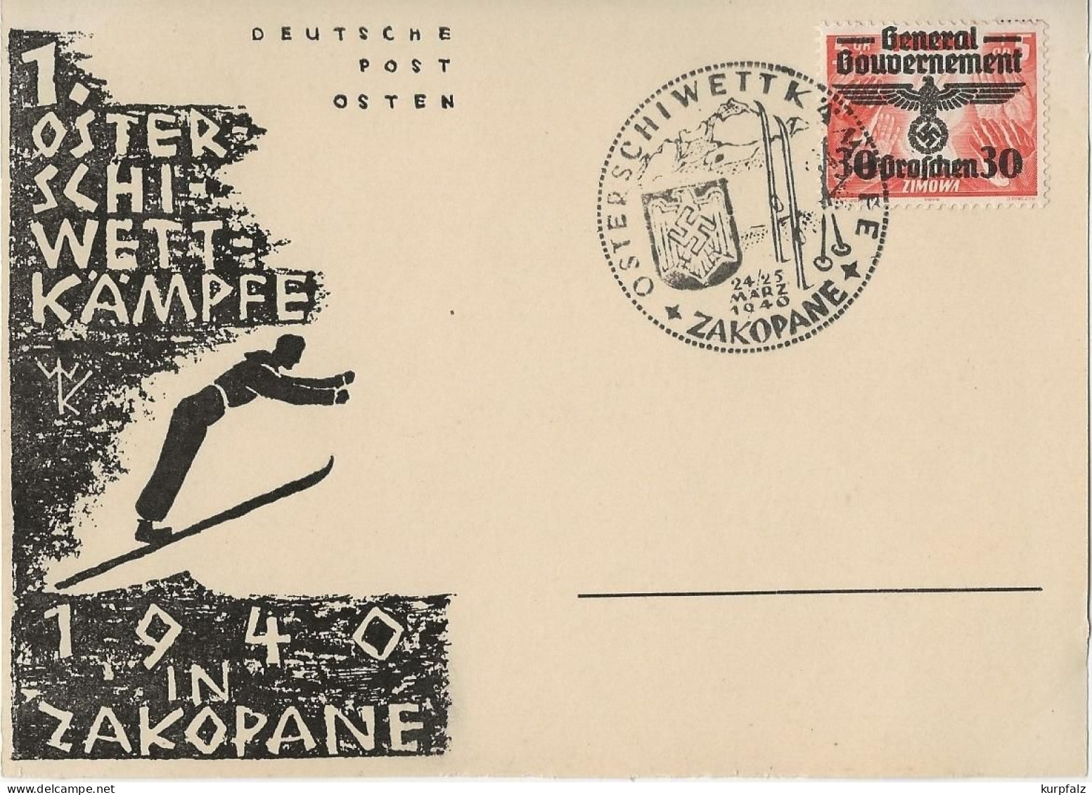 Sonderkarte 1. Oster-Schi-Wettkämpfe Zakopane 1940, Signiert W K, Mit Michel-Nr. 30 Und Sonderstempel - Occupation 1938-45