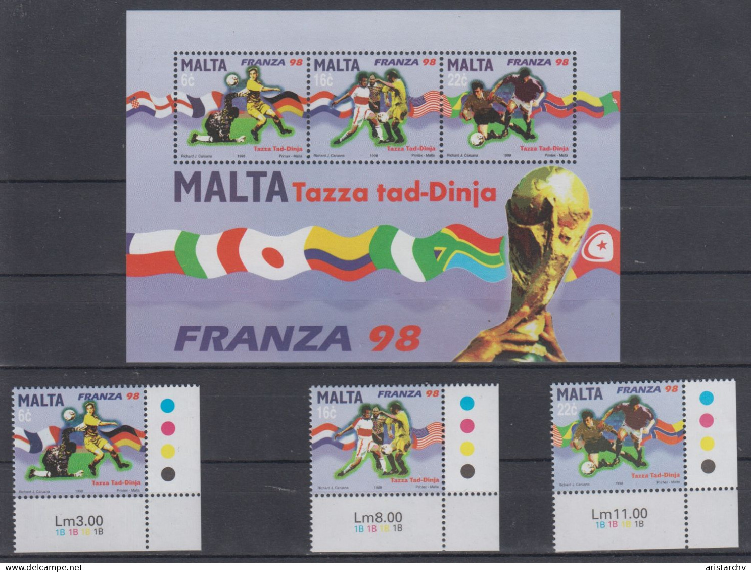 MALTA 1998 FOOTBALL WORLD CUP S/SHEET AND 3 STAMPS - 1998 – Frankreich