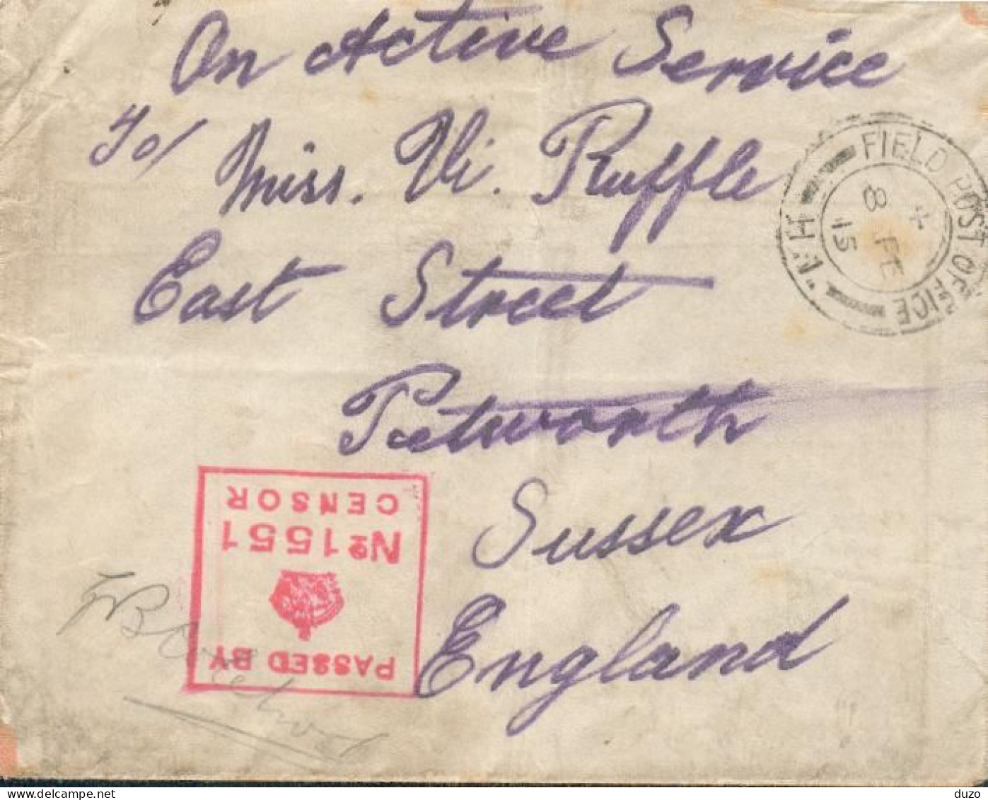 Lettre/Letter - Field Post Office H.1. Du 8 Février 1915 - Censure 1551 Pour Petworth (Sussex England) Voir Descriptif. - Sonstige & Ohne Zuordnung