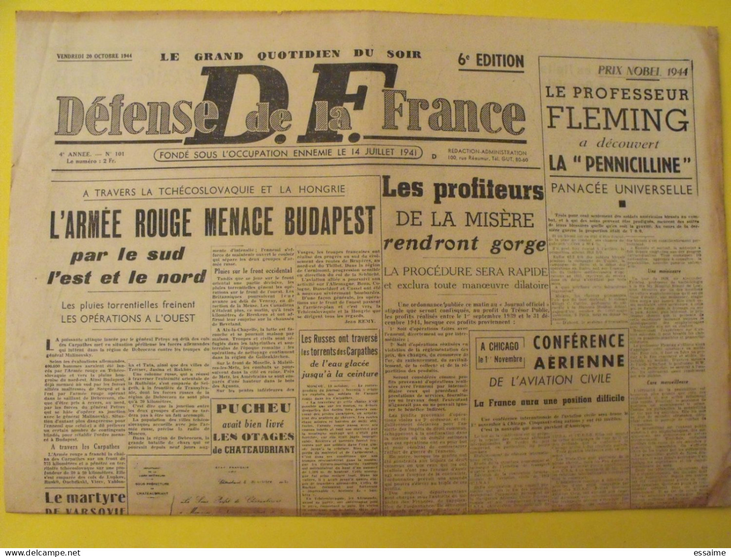 DF Défense De La France  N° 101 Du 20 Octobre 1944. Pucheu Renault Horthy Hitler Varsovie épuration Collaboration. - War 1939-45