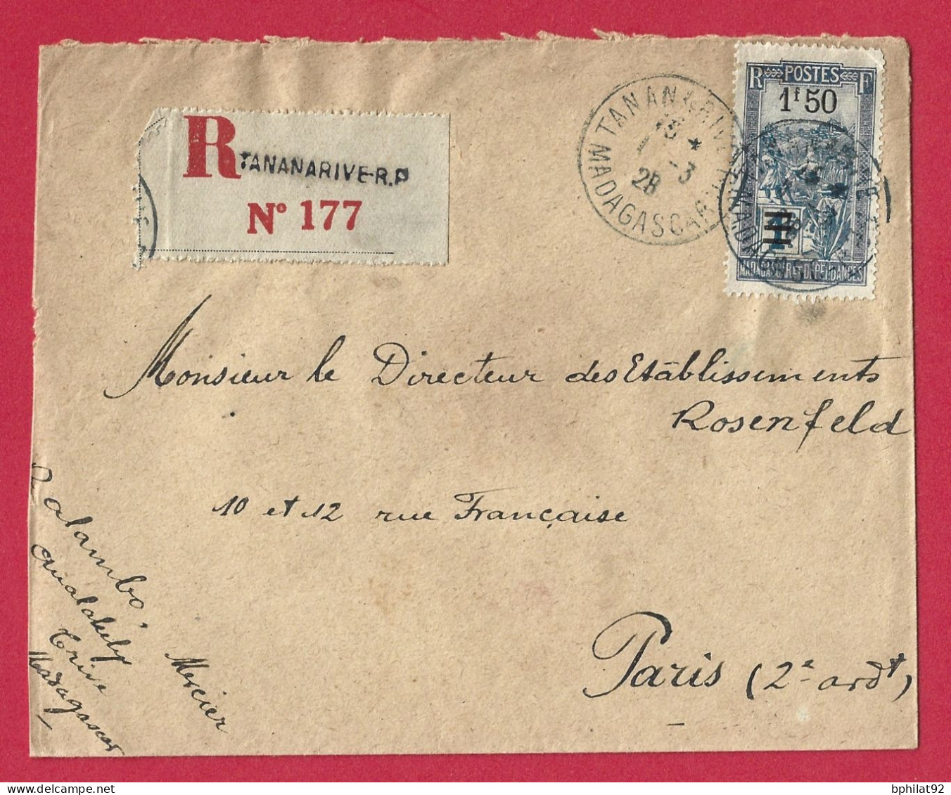 !!! MADAGASCAR, LETTRE RECOMMANDÉE DE TANANARIVE POUR PARIS DE MARS 1928 - Storia Postale