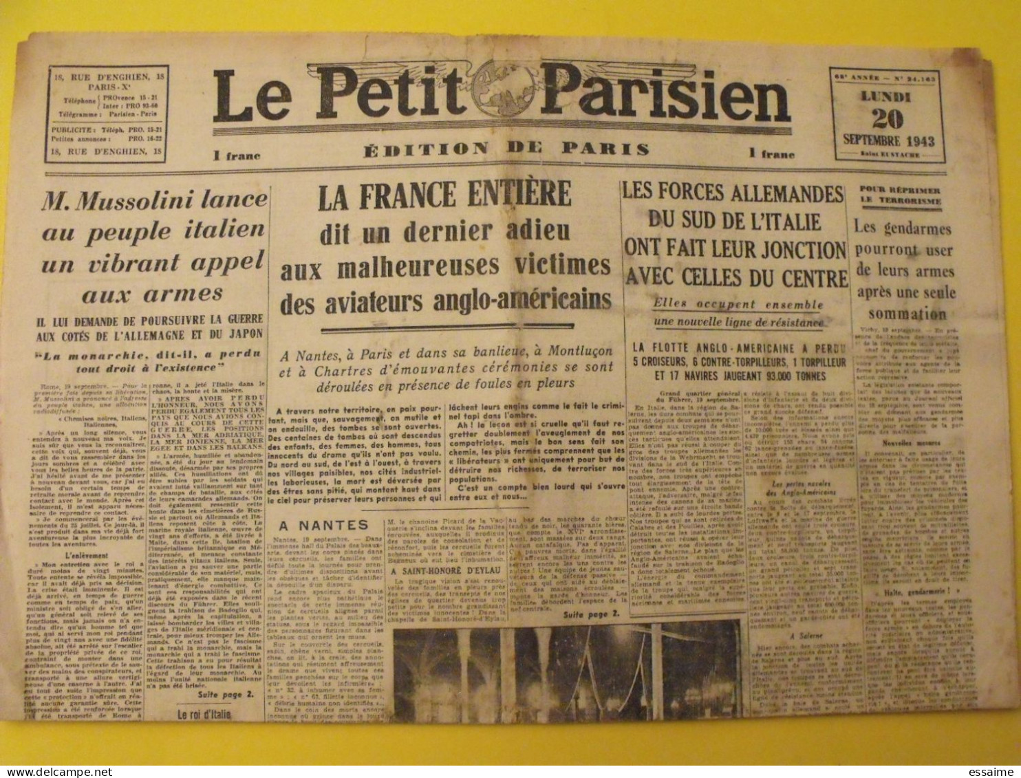 Le Petit Parisien  Du 20 Septembre 1943. Bombardement Collaboration Lussolini Japon Maréchal Pétain Milice . - Guerre 1939-45