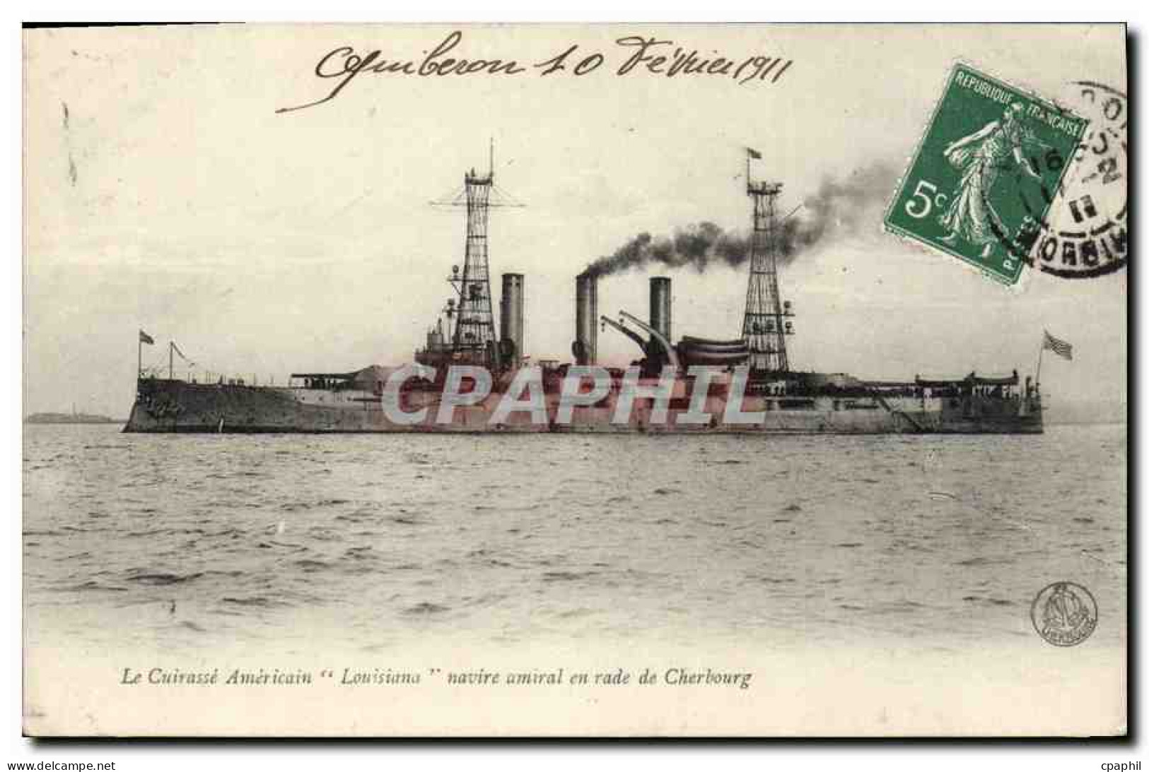 CPA Bateau La Cuirasse Americain Louisiana Navire Amiral En Rade De Cherbourg  - Guerra