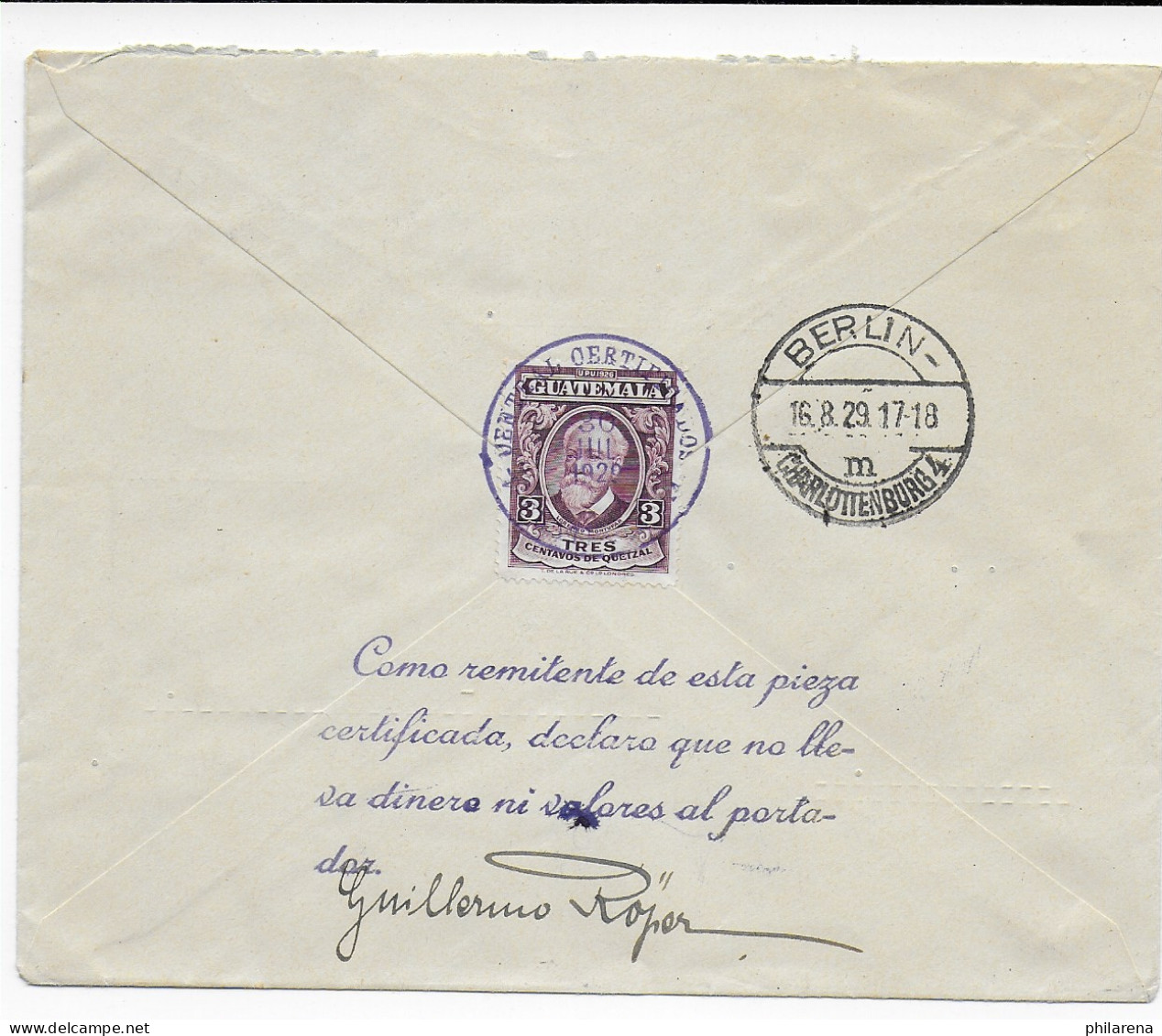 Registered Guatemala 1929 To Berlin -Rückseite - Guatemala