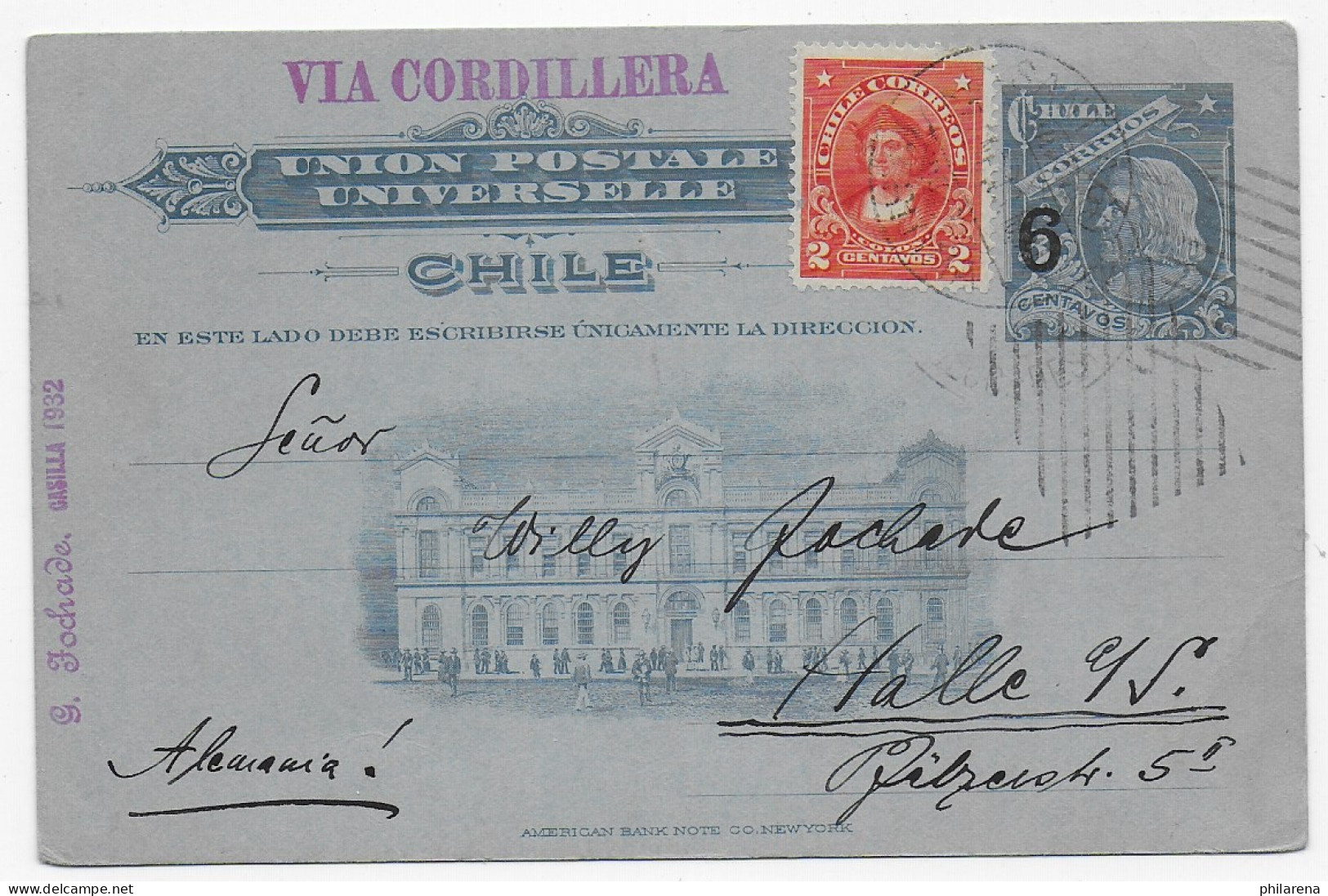 Post Card Santiago Via Cordillera, 1913 Nach Halle - Cile