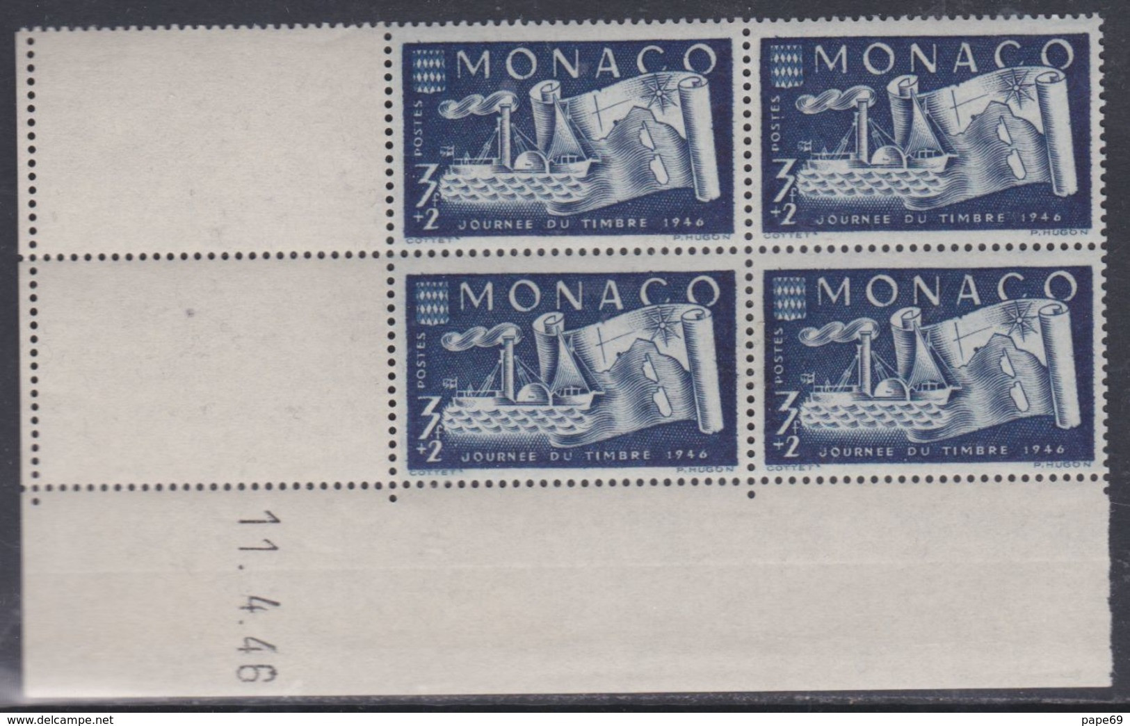 Monaco N° 294 XX Journée Du Timbre En Bloc De 4 Coin Daté Du 11 . 4 . 46 ;  Sans Charnière, TB - Moldavië