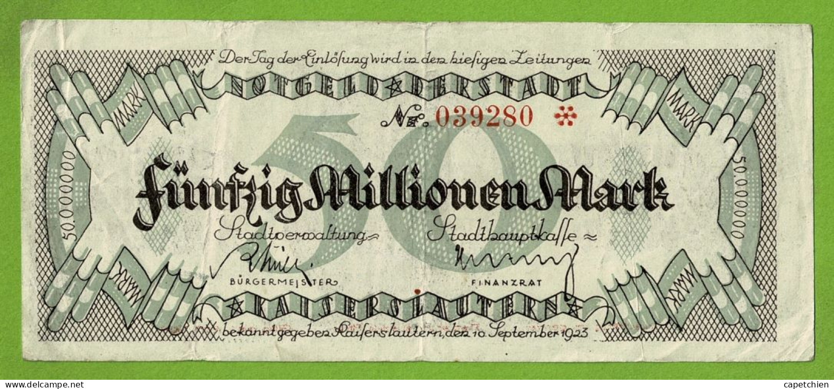 ALLEMAGNE / NOTGELD / KAISERSLAUTERN/ 50 MILLIONS De MARK / N° 039280* / 10 SEPTEMBRE 1923 - [11] Local Banknote Issues