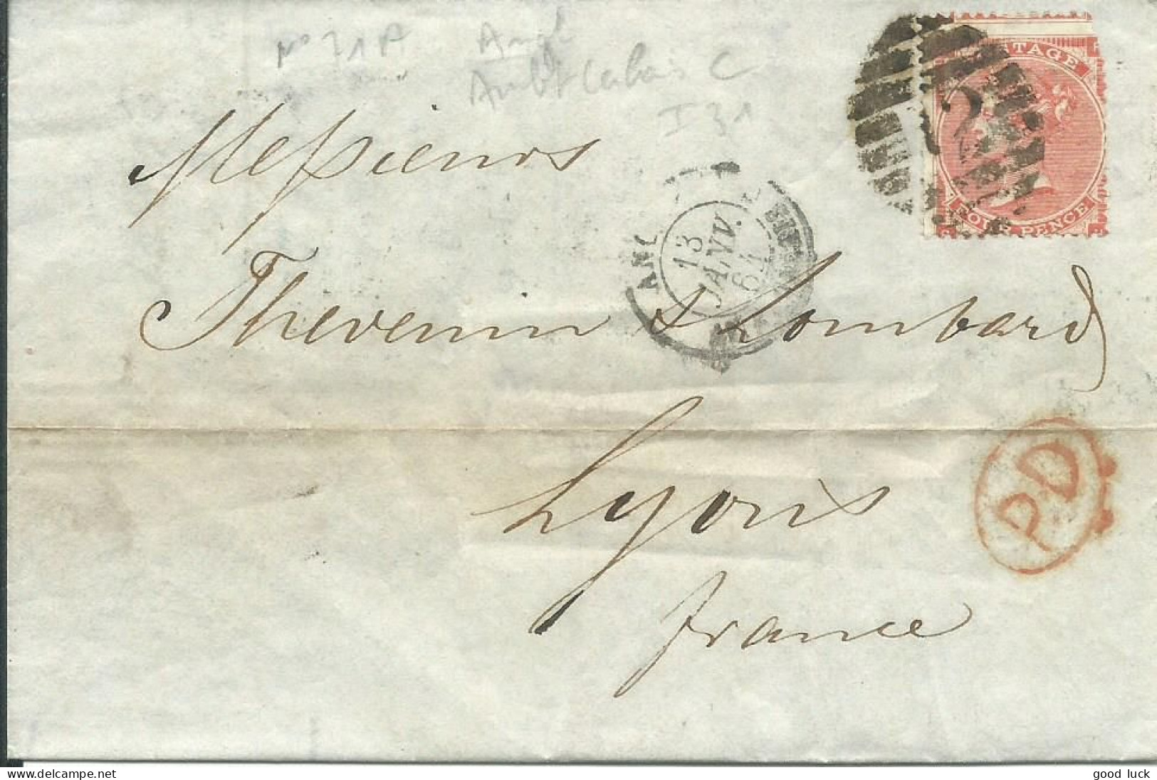 GRANDE BRETAGNE  LETTRE 4p  LONDRES POUR LYON ( RHONE ) + AMBULANT CALAIS DE 1864   LETTRE COVER - Storia Postale