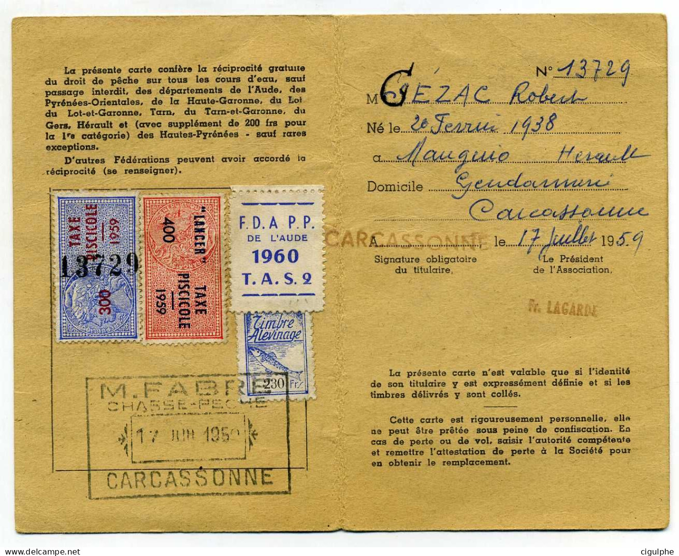 Fiscaux Permis De Pêche De L'Aude 1959-1960 - Covers & Documents