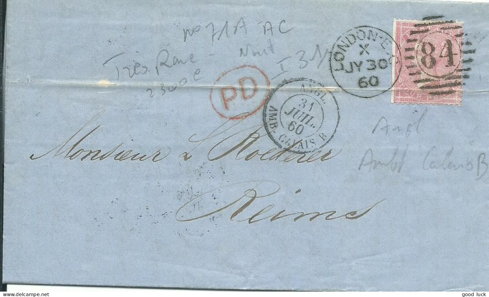 GRANDE BRETAGNE  LETTRE 4p  LONDRES POUR REIMS ( MARNE )  + AMBULANT CALAIS B DE 1860   LETTRE COVER - Storia Postale