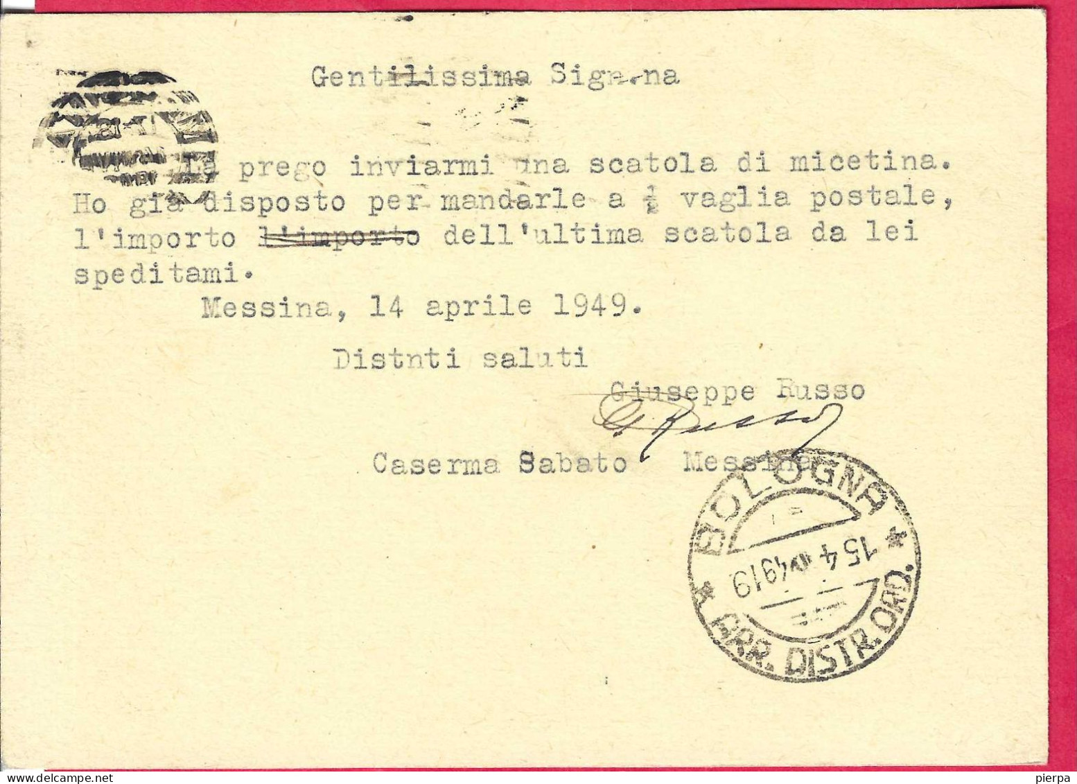 INTERO CARTOLINA POSTALE DEMOCRATICA LIRE 12( +2X1L+80C.+10CX2) DA MESSINA*14.4.49* PER BOLOGNA - 1946-60: Storia Postale