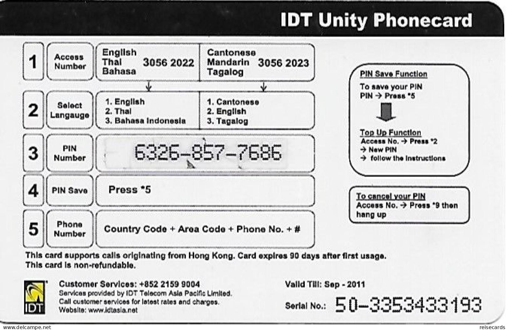 Hongkong: Prepaid IDT - Unity 09.11 - Hong Kong