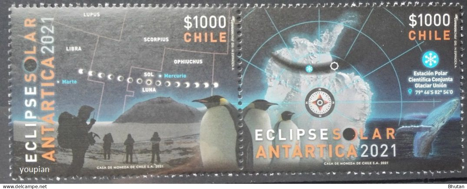 Chile 2021, Solar Eclipse In Antarctica 2021, MNH Stamps Strip - Chili