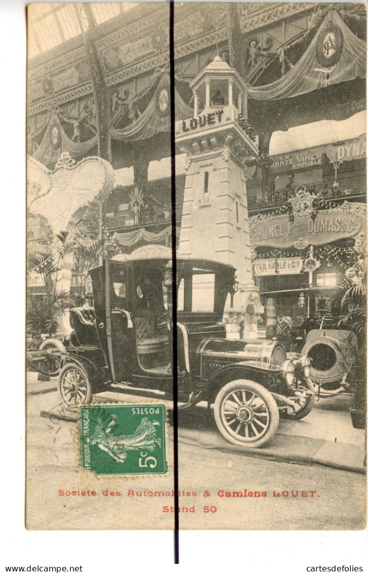 CPA . SOCIETE DES AUTOMOBILES ET CAMIONS LOUET. Stand 50. Automobile. Véhicule, Ancienne Voiture . - Fotografía