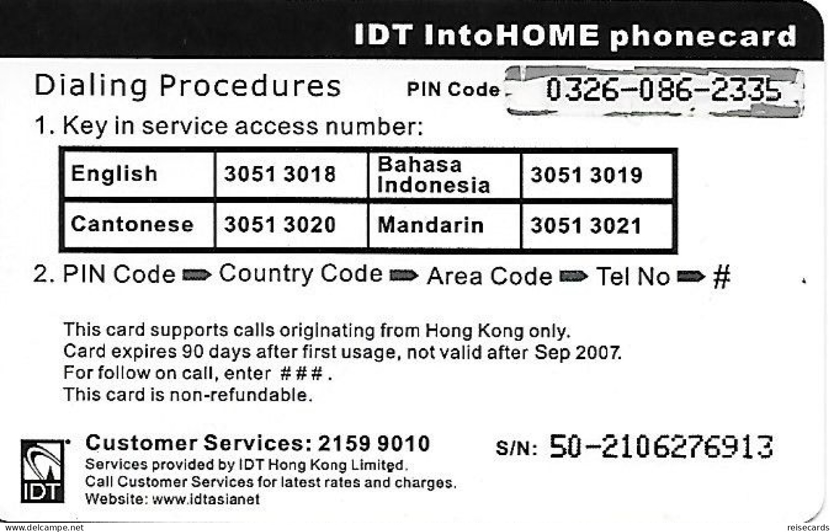 Hongkong: Prepaid IDT - Home 09.07 - Hongkong