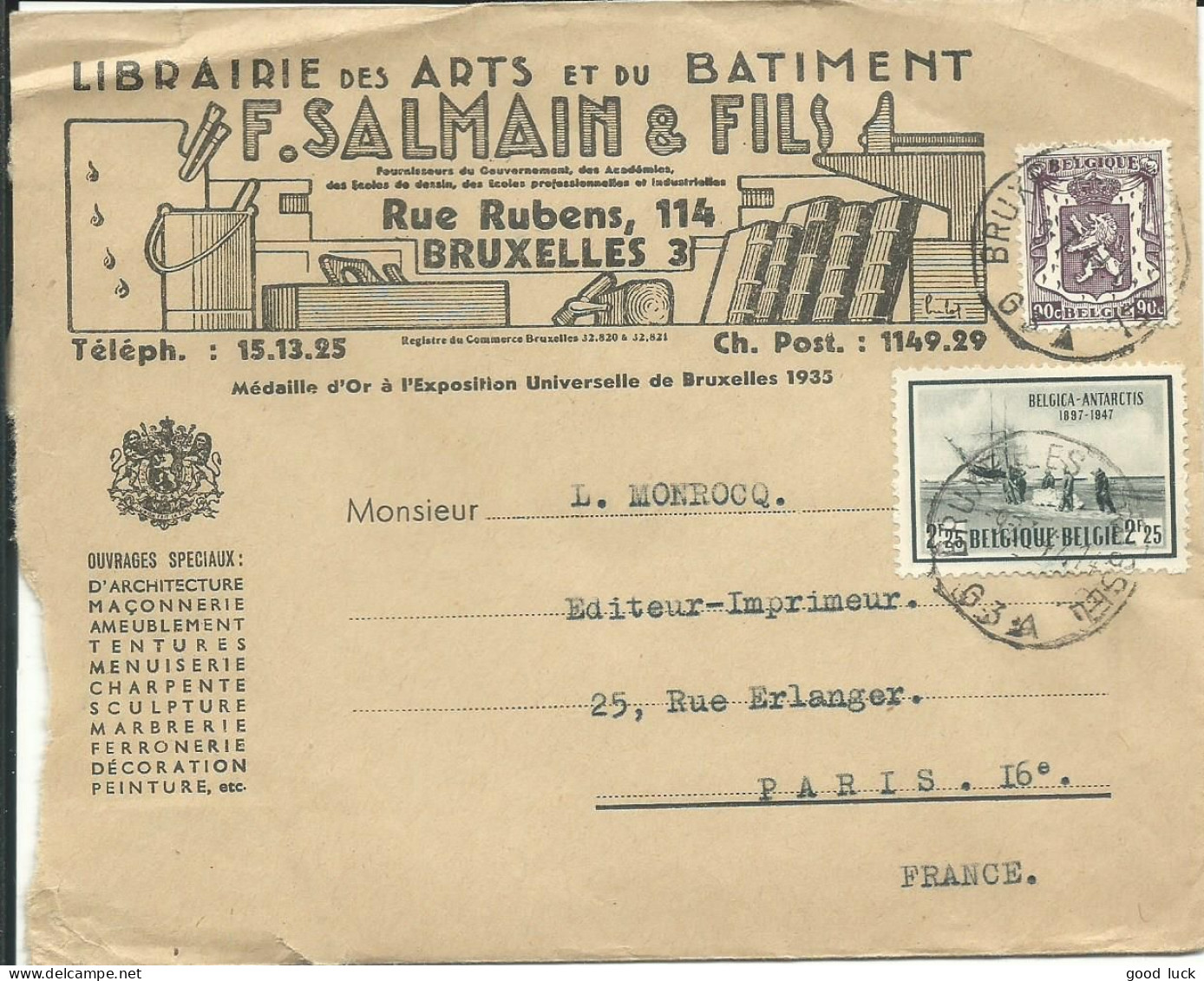 BELGIQUE LETTRE ILLUSTREE 3F15 BRUXELLES POUR POUR PARIS DE 1947  LETTRE COVER - Lettres & Documents