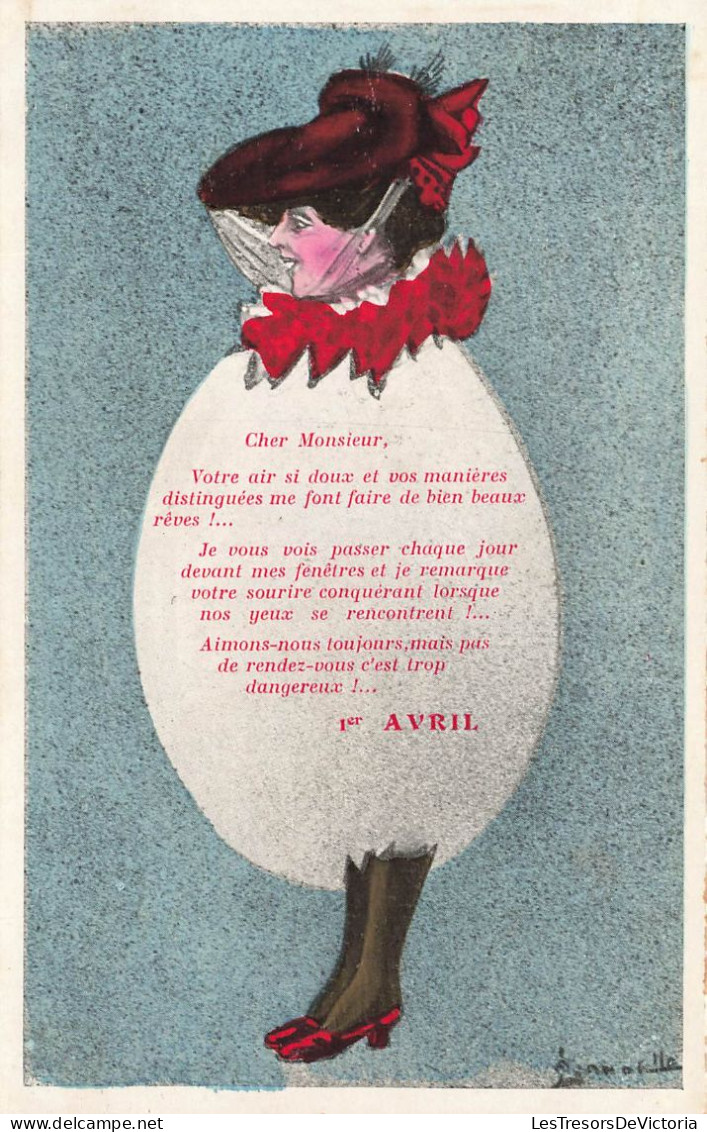 FANTAISIE - 1er Avril - Illustration - Femme Dans Un Costume D'oeuf - Cher Monsieur - Carte Postale Ancienne - Altri & Non Classificati