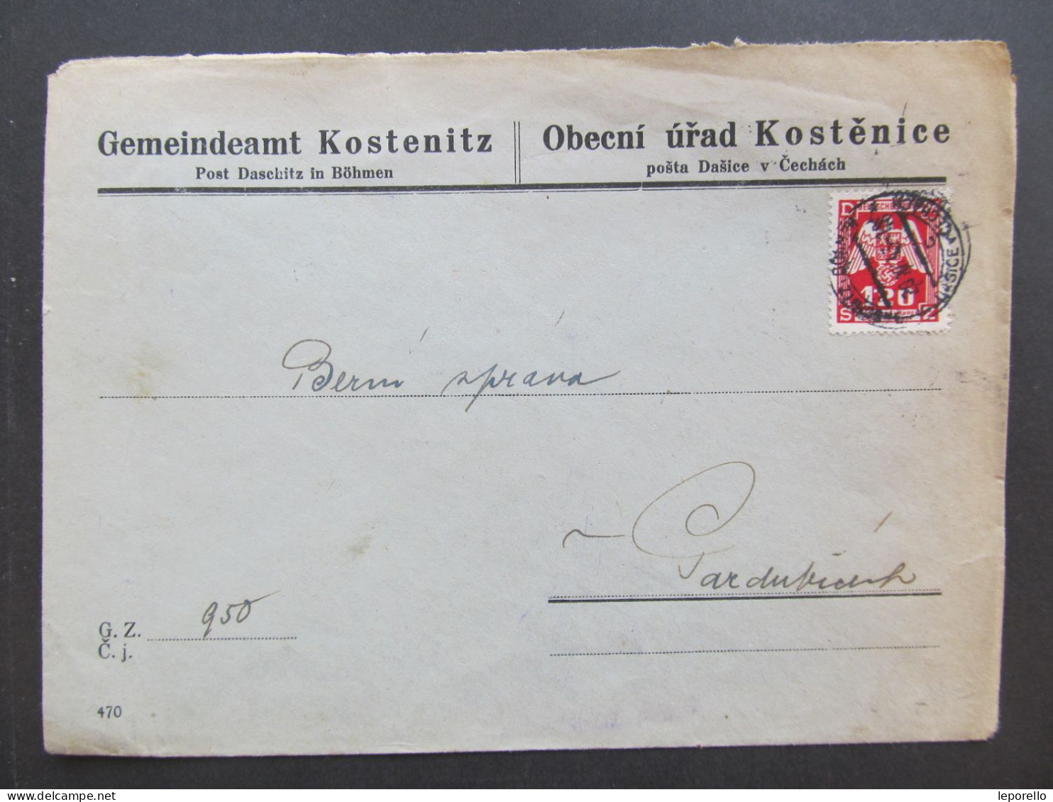 BRIEF Kostěnice Dašice - Pardubice 1943 Dienstmarken  / P8564 - Lettres & Documents