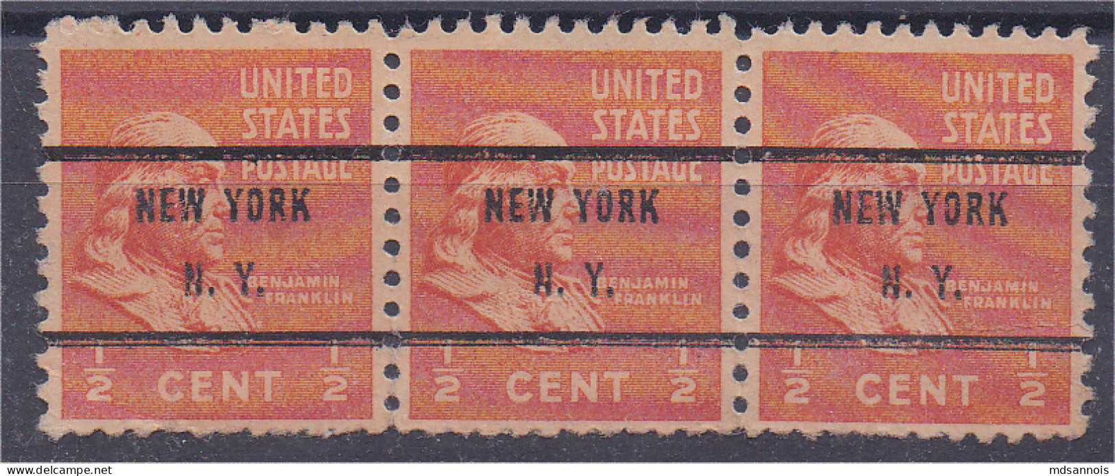 Etats Unis Timbres Préoblitérés New York Bande De 3 Sur N° 368 B. Franklin 1/2c Rouge Orange - Precancels