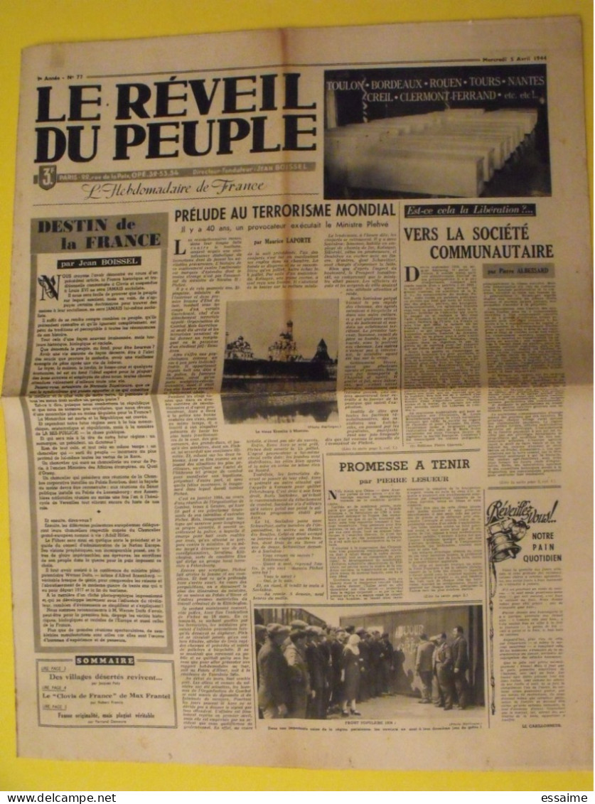 Le Réveil Du Peuple N° 77 Du 5 Avril 1944. Collaboration Antisémite. Boissel Terrorisme Albessard Gohier Lesueur LVF - Guerra 1939-45