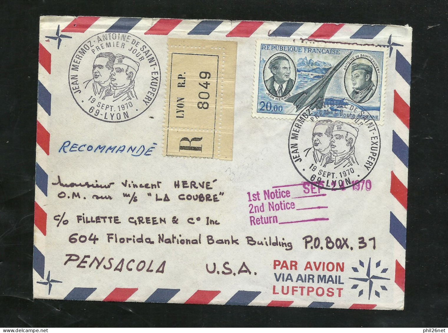 Rare FDC Lettre Recommandée Circulée De Lyon Le 19/09/1970 Pour USA P.A. N°45 Jean Mermoz Cachet Illustré B/TB Soldé - 1970-1979