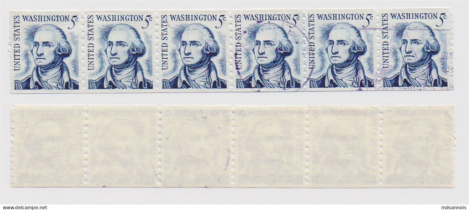 Etats Unis N° 796 Washington 5c Bleu 1965-81 Bande De 6 Oblitéré - Tiras Cómicas & Múltiples