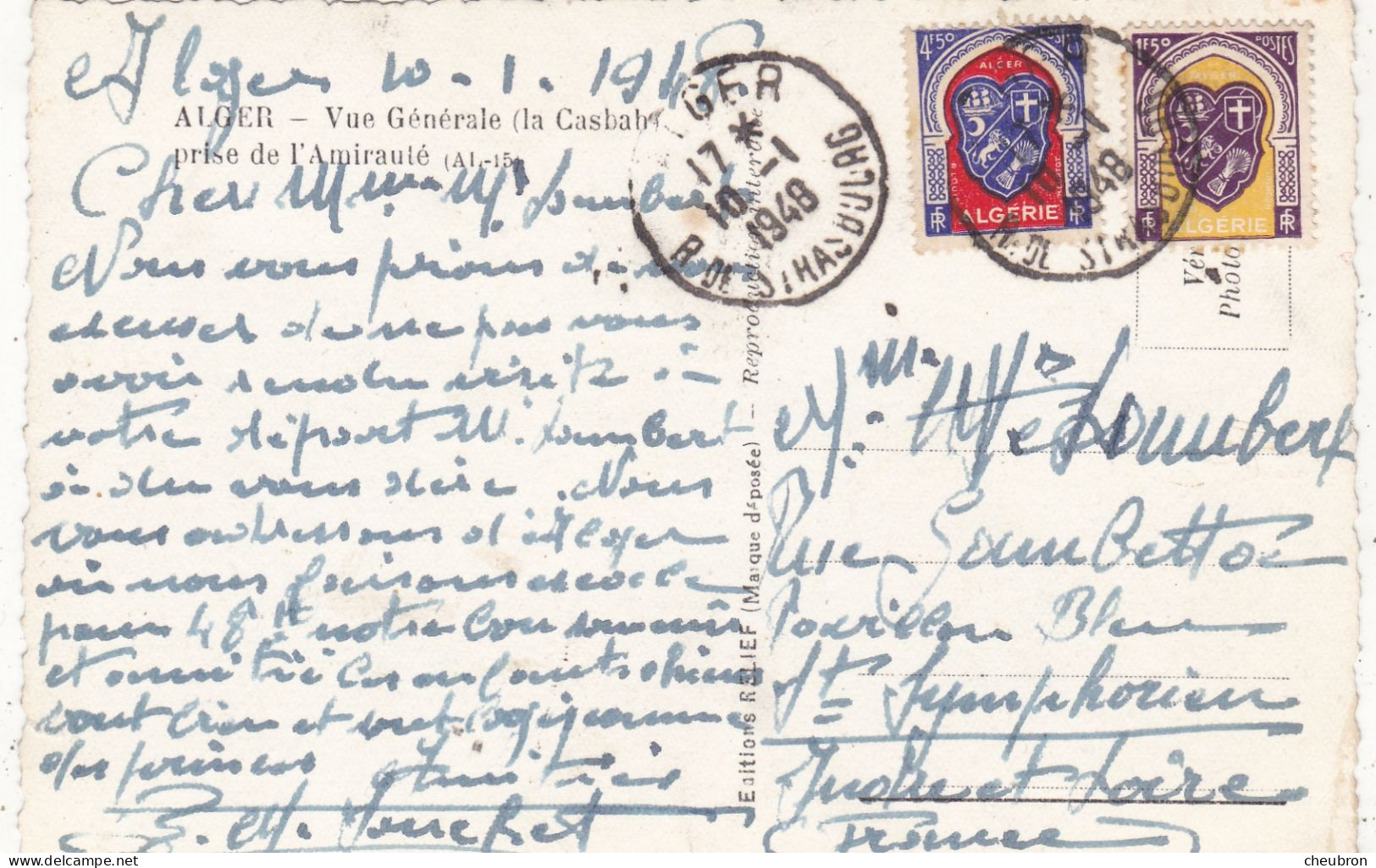 ALGERIE. ALGER . CPA. VUE GENERALE DE LA CASBAH PRISE DE L'AMIRAUTE. TEXTE.+ TIMBRES ANNÉE 1948 - Alger