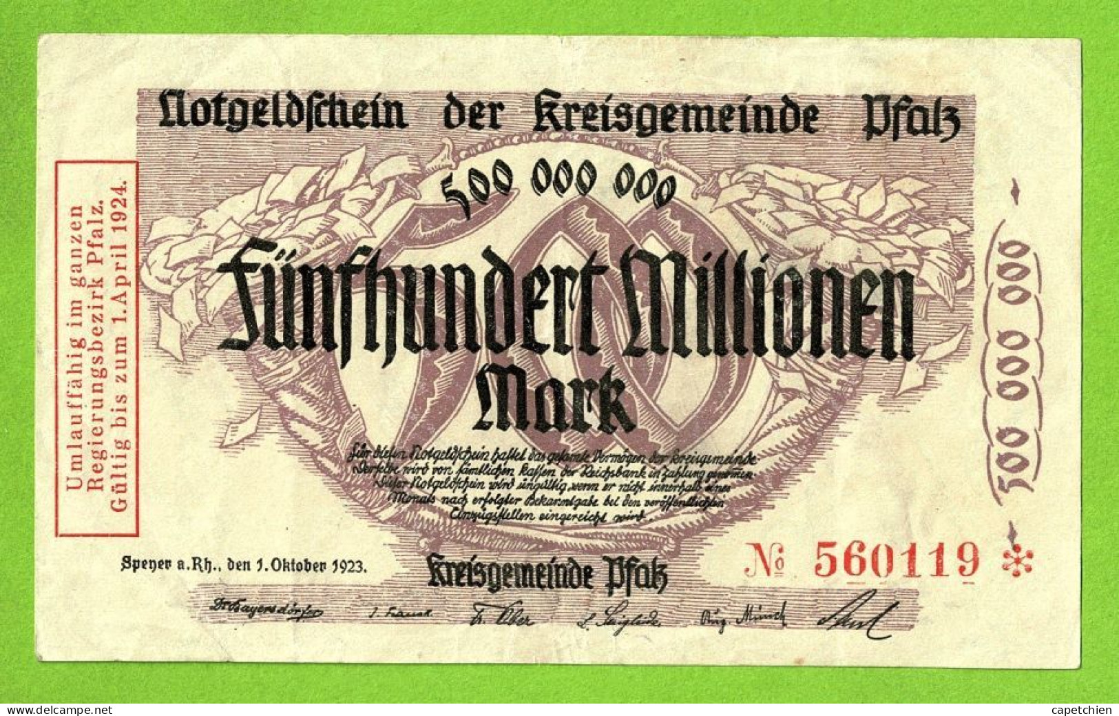 ALLEMAGNE / NOTGELDSCHEIN / KREISGEMEINDE PFALZ/ 500 MILLIONS De MARK / N° 560119*/ 1 OCTOBRE 1923 - [11] Local Banknote Issues