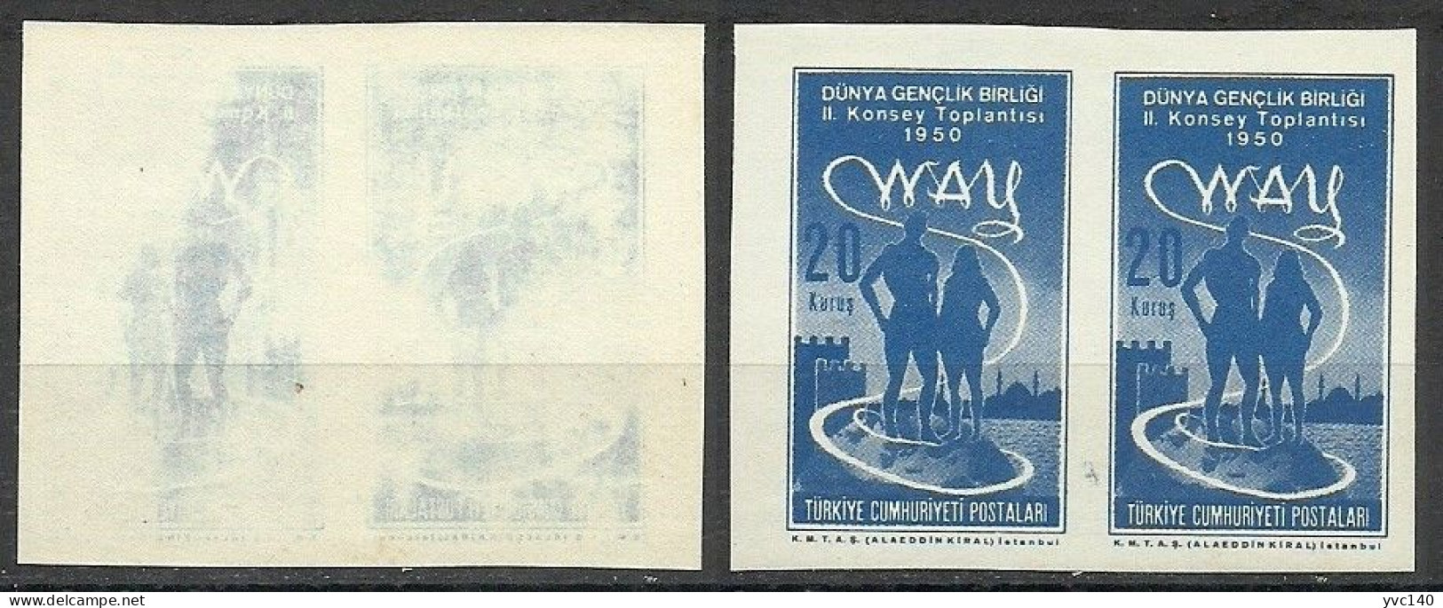 Turkey; 1950 2nd World Youth Union Meeting 20 K. "Imperf.&Abklatsch Pair" ERROR - Ungebraucht