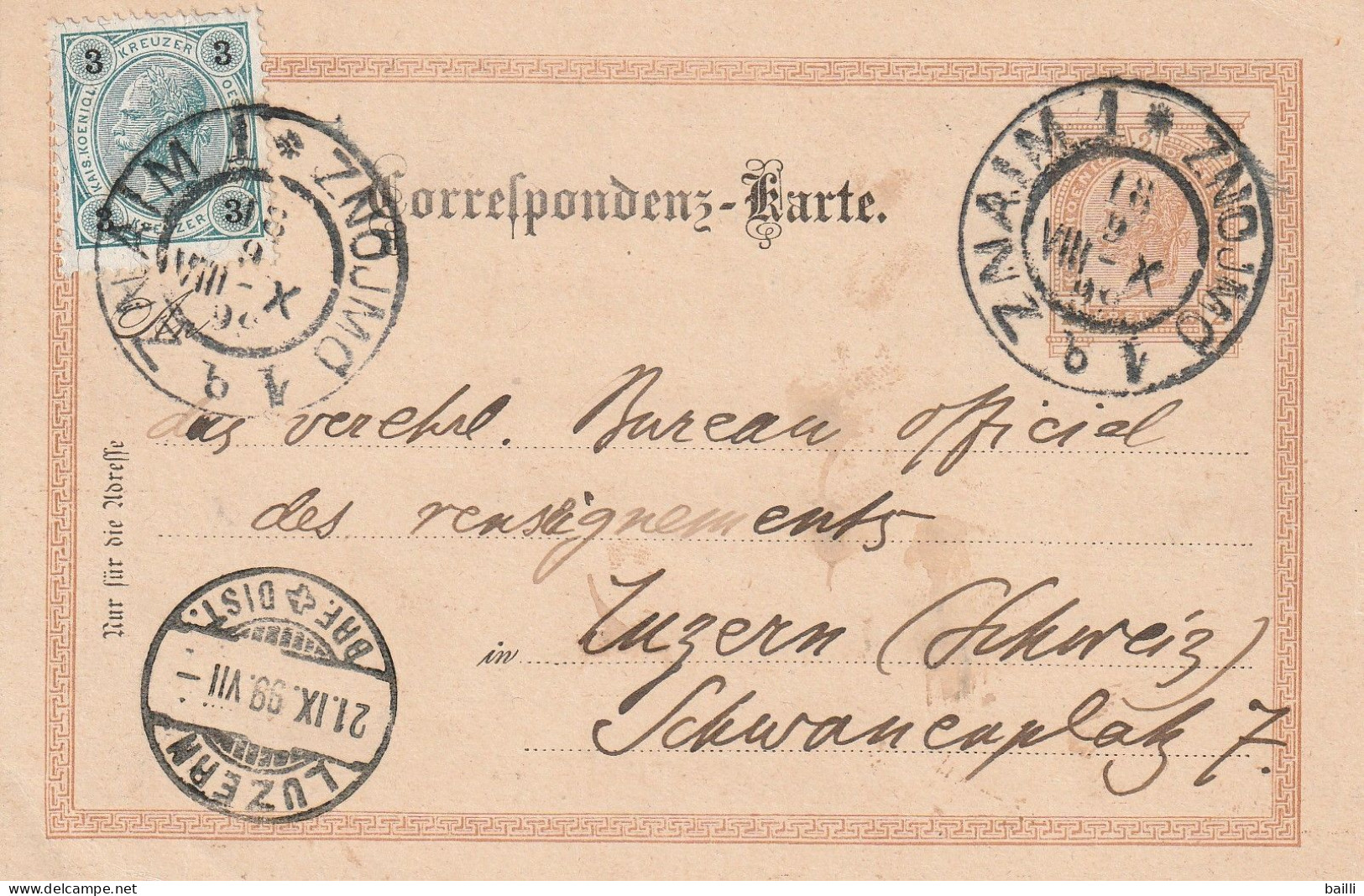 Autriche Entier Postal Znaim Pour La Suisse 1899 - Postcards