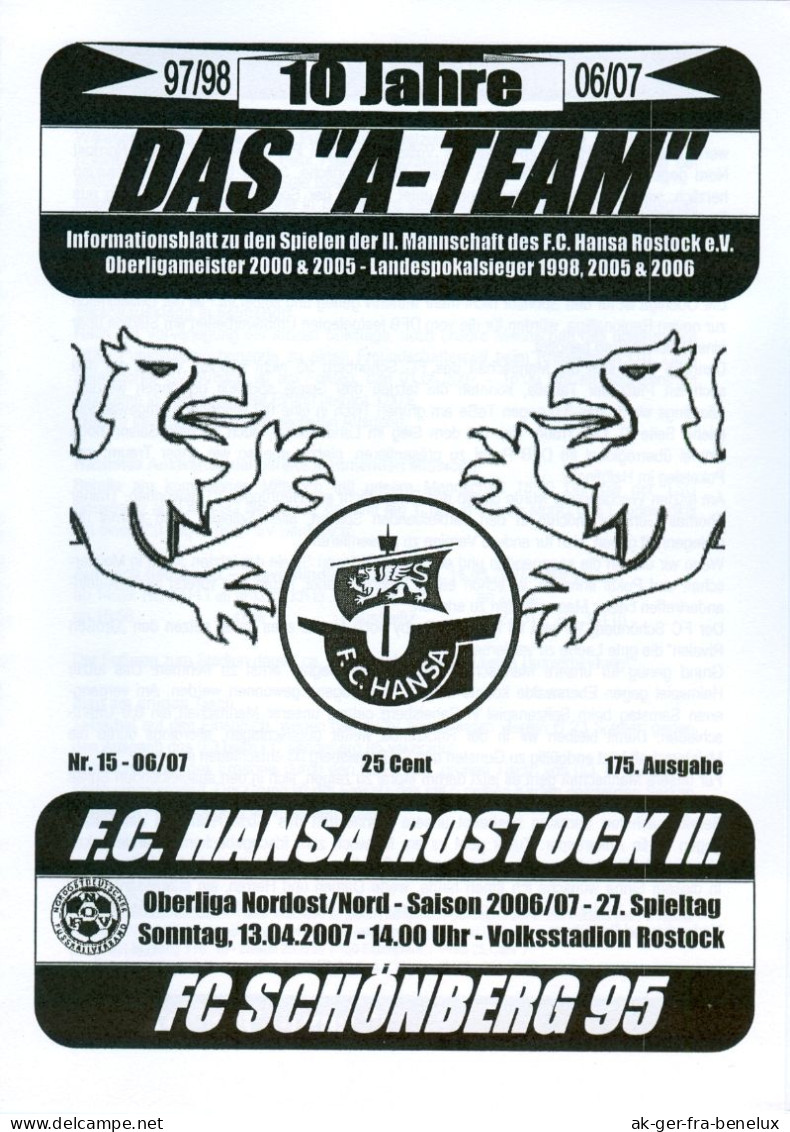 Fußball-Programm PRG Hansa Rostock Amateure / II - FC Schönberg 95 13 4. 2007 TSG NOFV Oberliga Mecklenburg-Vorpommern - Programme