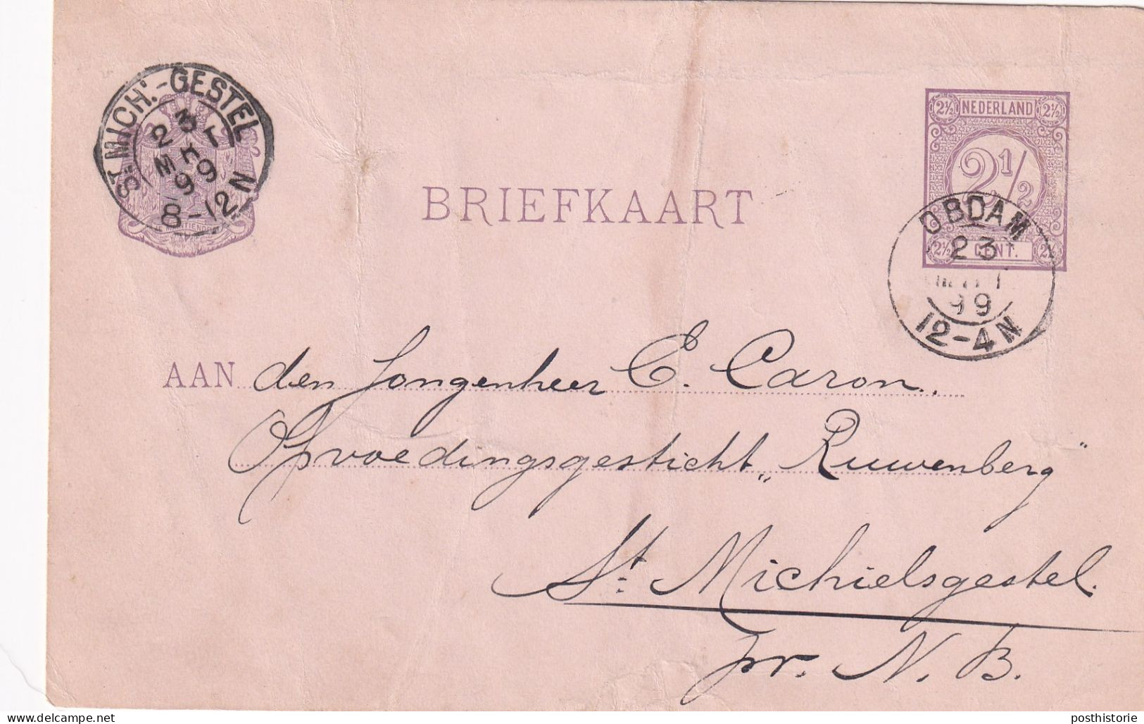 Briefkaart 23 Mrt 1899 Obdam (hulpkantoor Kleinrond) Naar St Mich:-Gestel (hulpkantor Kleinrond) - Poststempels/ Marcofilie