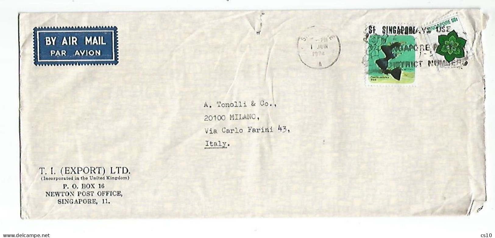Singapore Airmail CV 1jun1974   With Fish Black Poecilia $.1 + Regular C.5 - Singapour (1959-...)