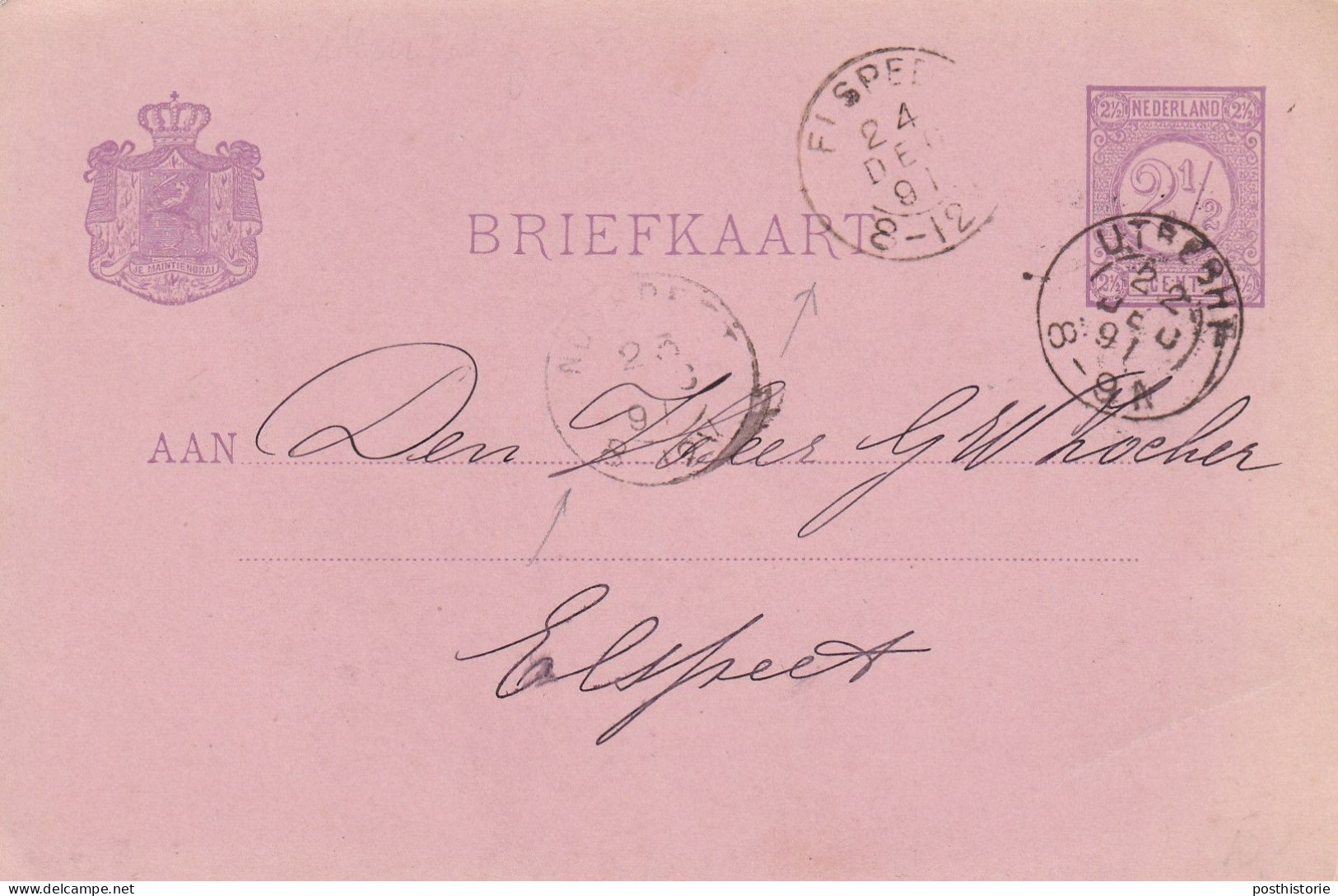 Briefkaart 22 Deec 1891 Utrecht Via Nunsoeet Enaar Elkspeetl (hulpkantor Kleinrond) - Poststempels/ Marcofilie