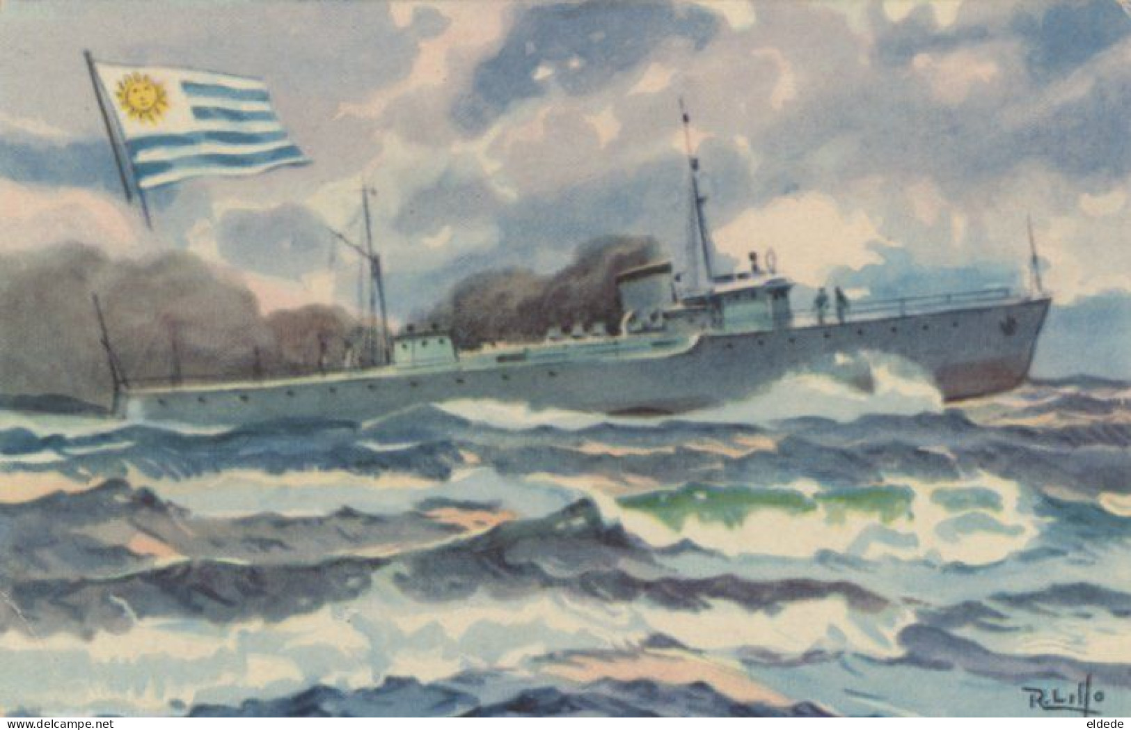 Uruguay Warship " Paysandu " Cuban Advert For La Estrella Chocolate  Signed Lillo Art Card - Uruguay