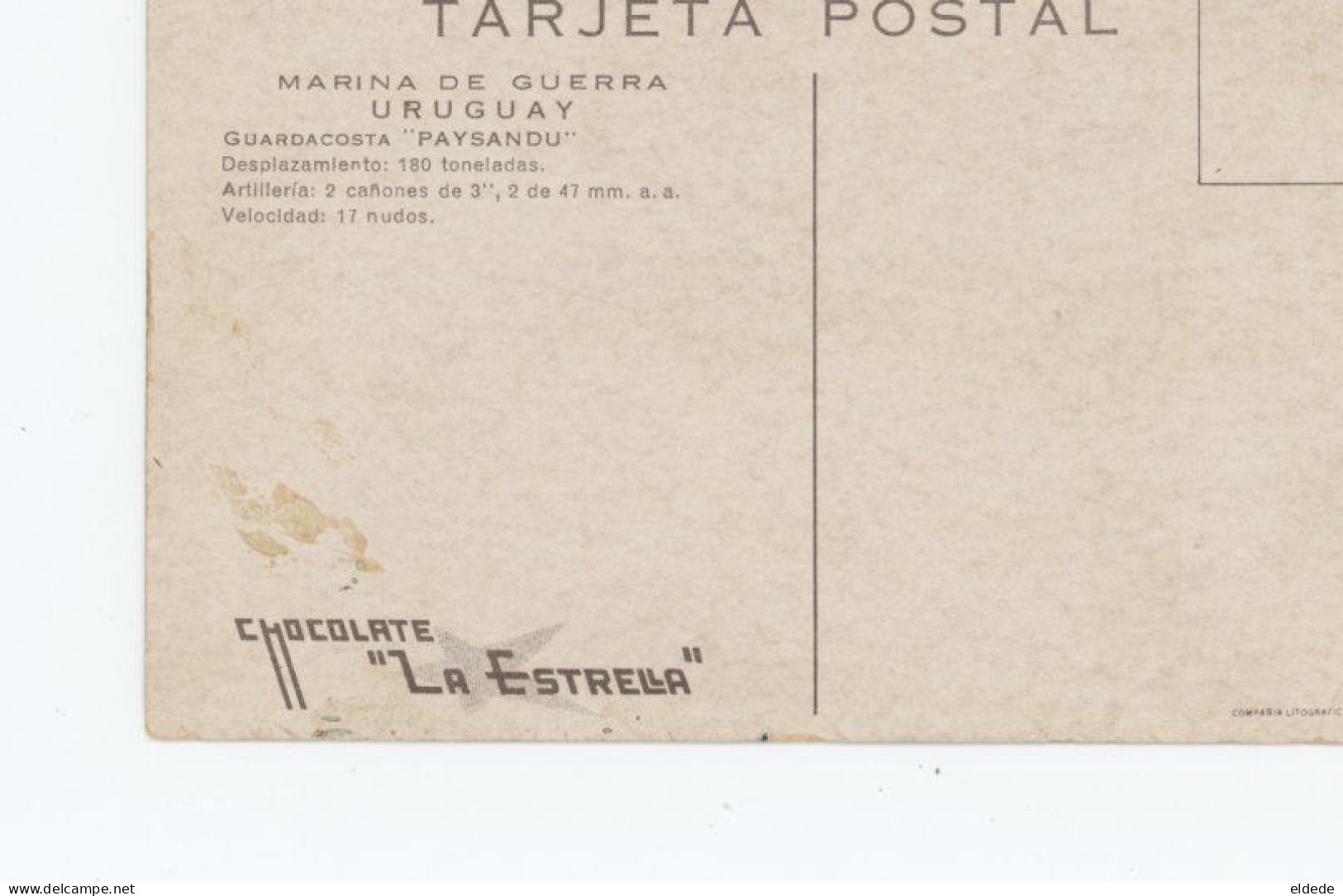 Uruguay Warship " Paysandu " Cuban Advert For La Estrella Chocolate  Signed Lillo Art Card - Uruguay