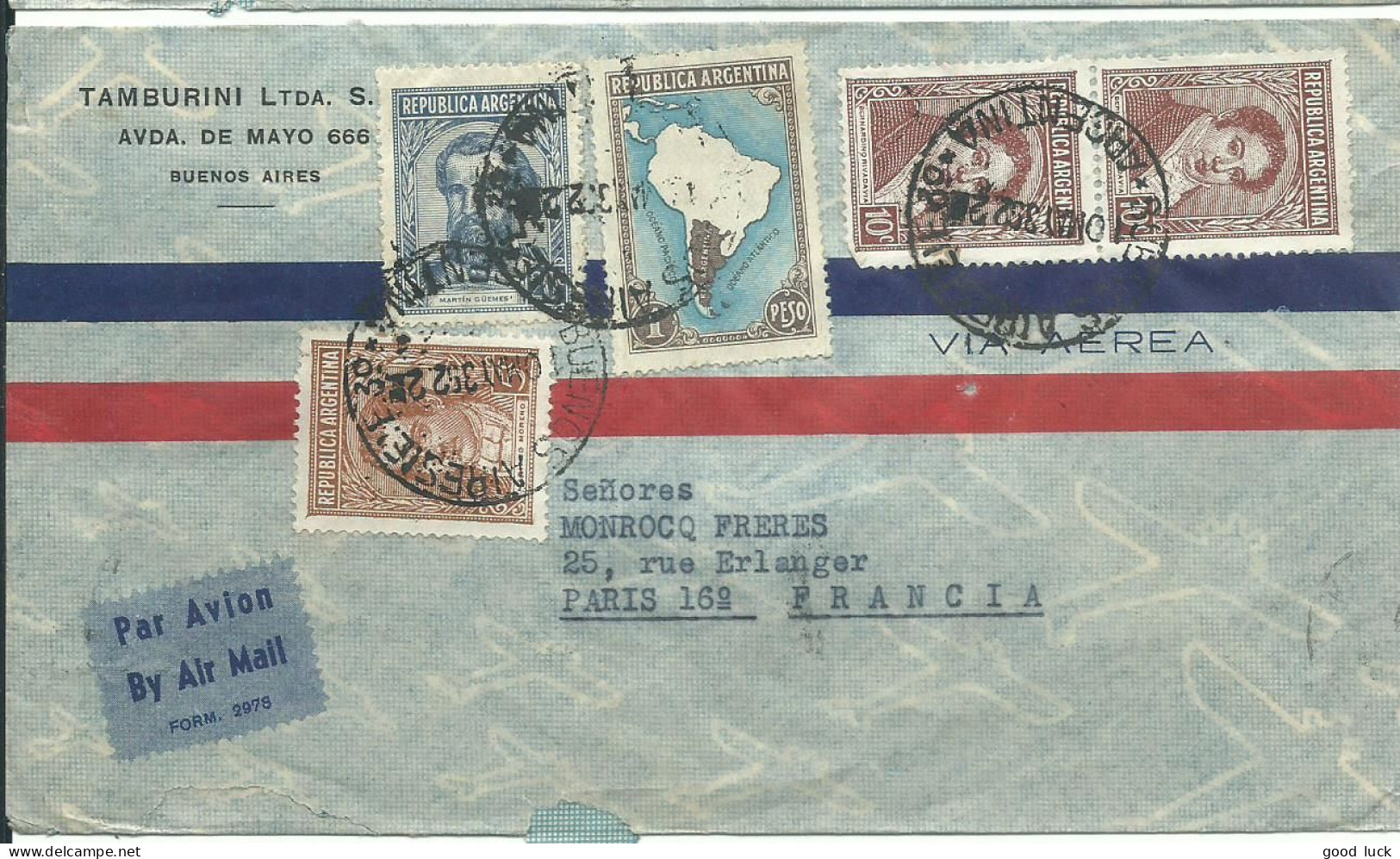 ARGENTINE LETTRE PAR AVION 1P45 BUENOS AIRES POUR PARIS  DE 1939  LETTRE COVERP - Brieven En Documenten