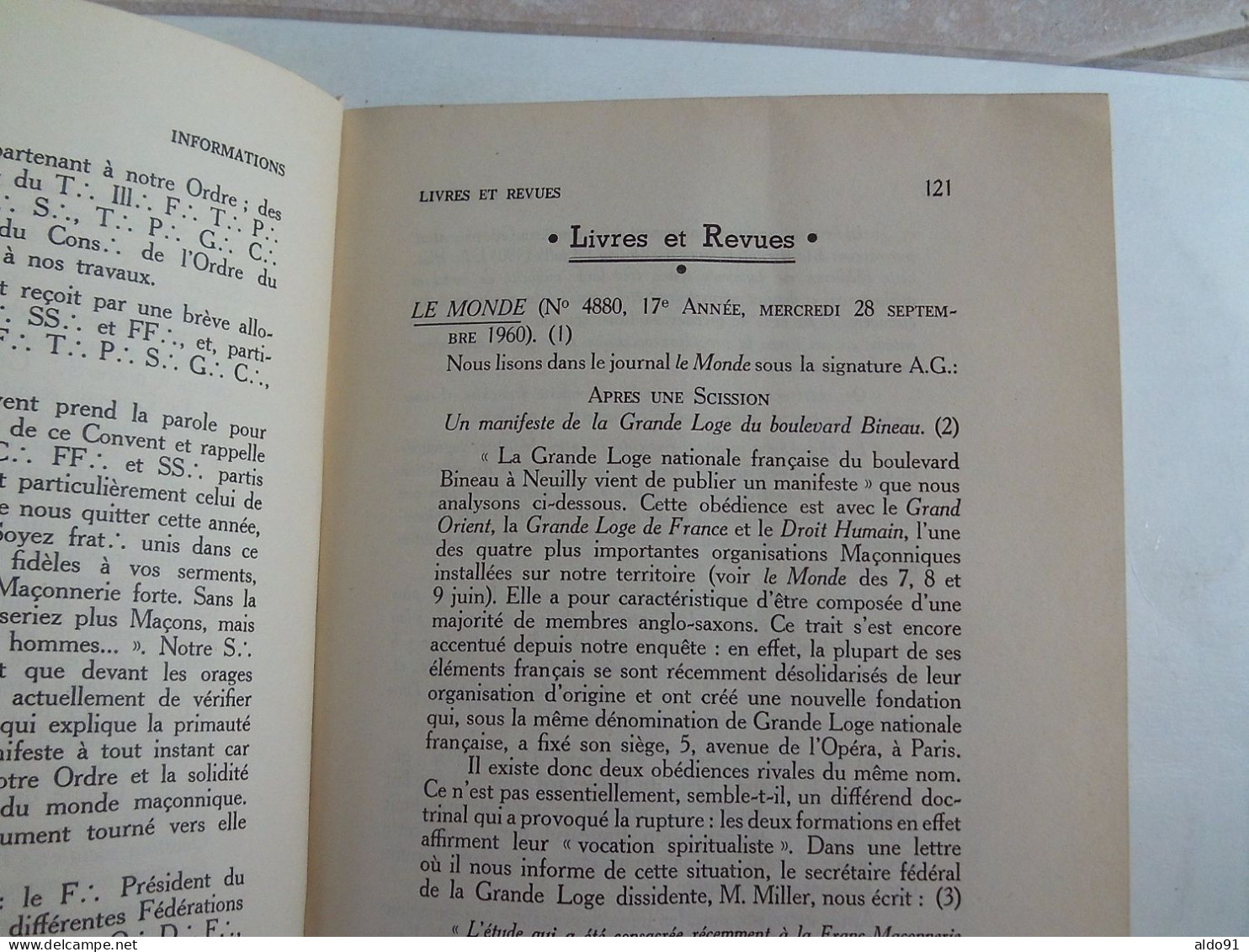 (Franc-Maçonnerie...) -  Revue " LA CHAINE D'UNION "  N° 2 de Novembre 1960...............voir scans