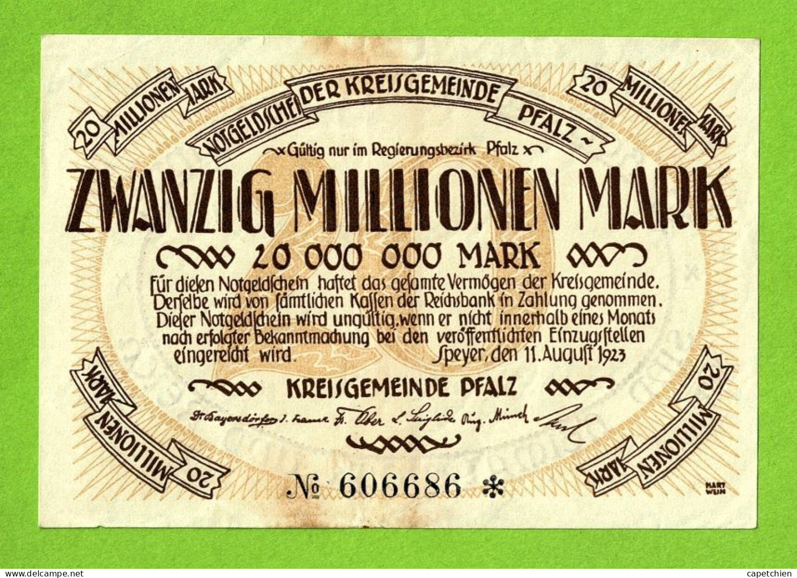 ALLEMAGNE / NOTGELDSCHEIN / KREISGEMEINDE PFALZ/ 20 MILLIONS De MARK / N° 606686*/ 11 AOÛT 1923 - [11] Local Banknote Issues