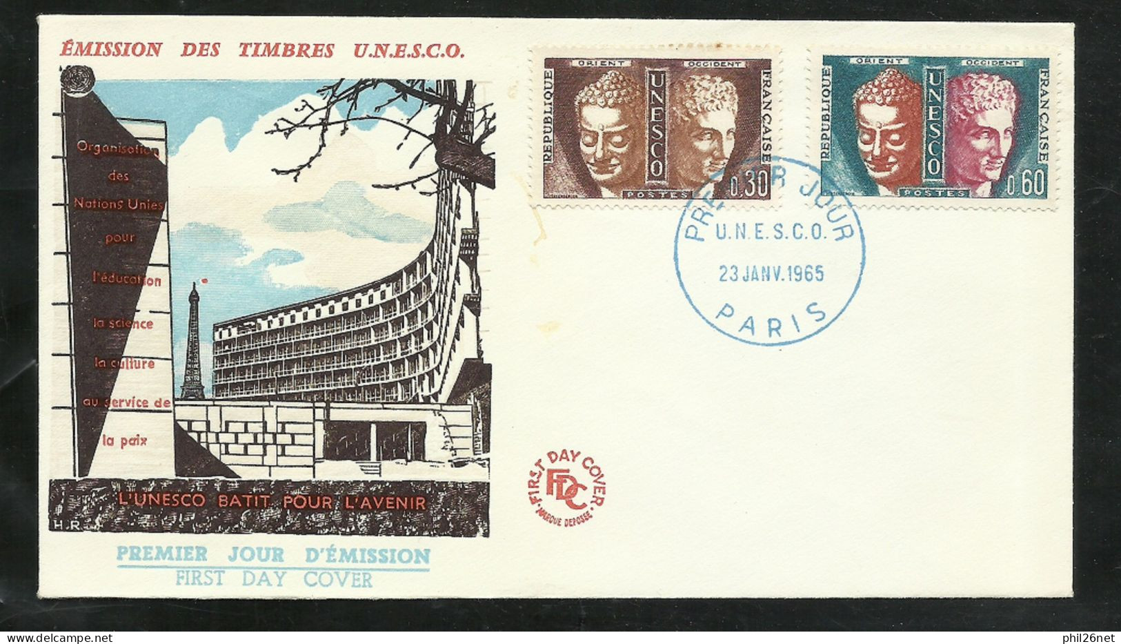 FDC Lettre Premier Jour Paris Le 23/01/1965 Service N° 24 Et 26 UNESCO Cachet Bleu   B/TB Soldé - 1960-1969