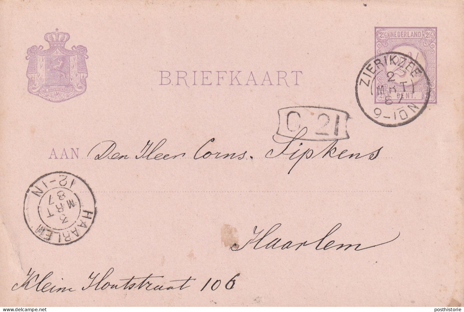 Briefkaart 2 Mrt 1887 Zierikzee  (kleinrond) Naar Haarlem (kleinrond) - Marcofilia