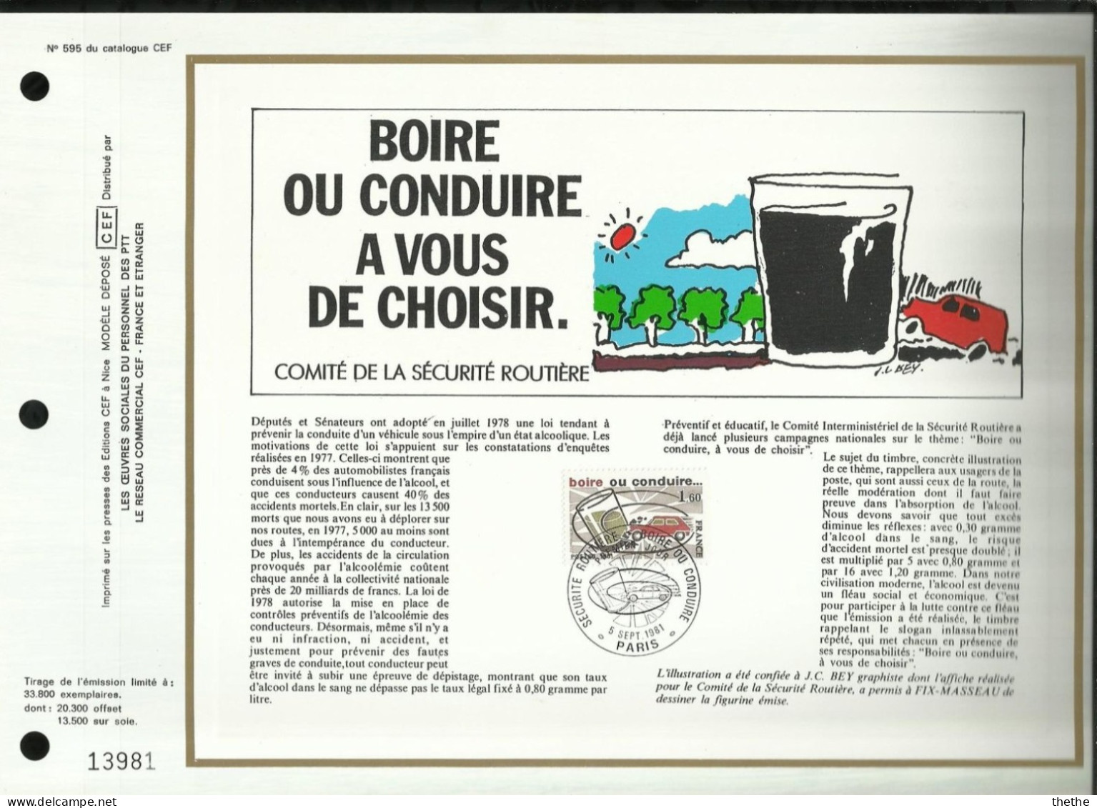 FRANCE - : Campagne Pour La Sécurité Routière :  "Boire Ou Conduire, à Vous De Choisir" - N° 595 Du Catalogue CEF - 1980-1989