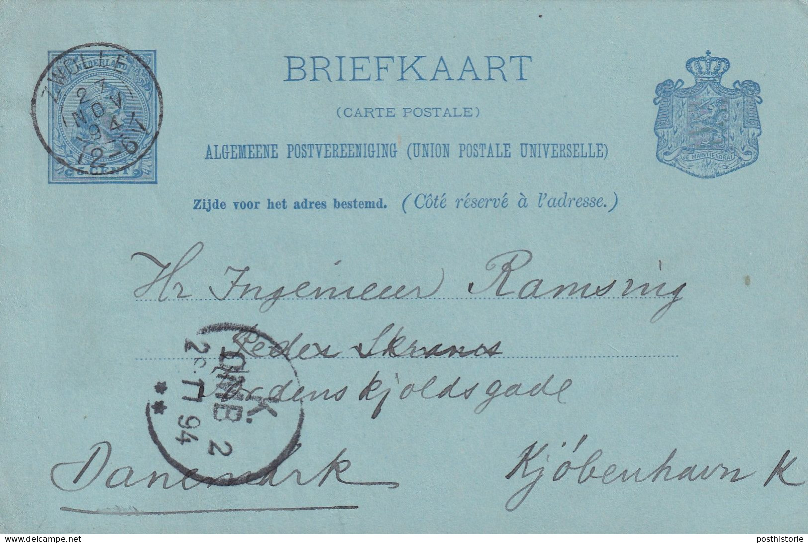 Briefkaart 27 Nov 1894 Zwolle  (kleinrond) Naar Kopenhagen - Storia Postale