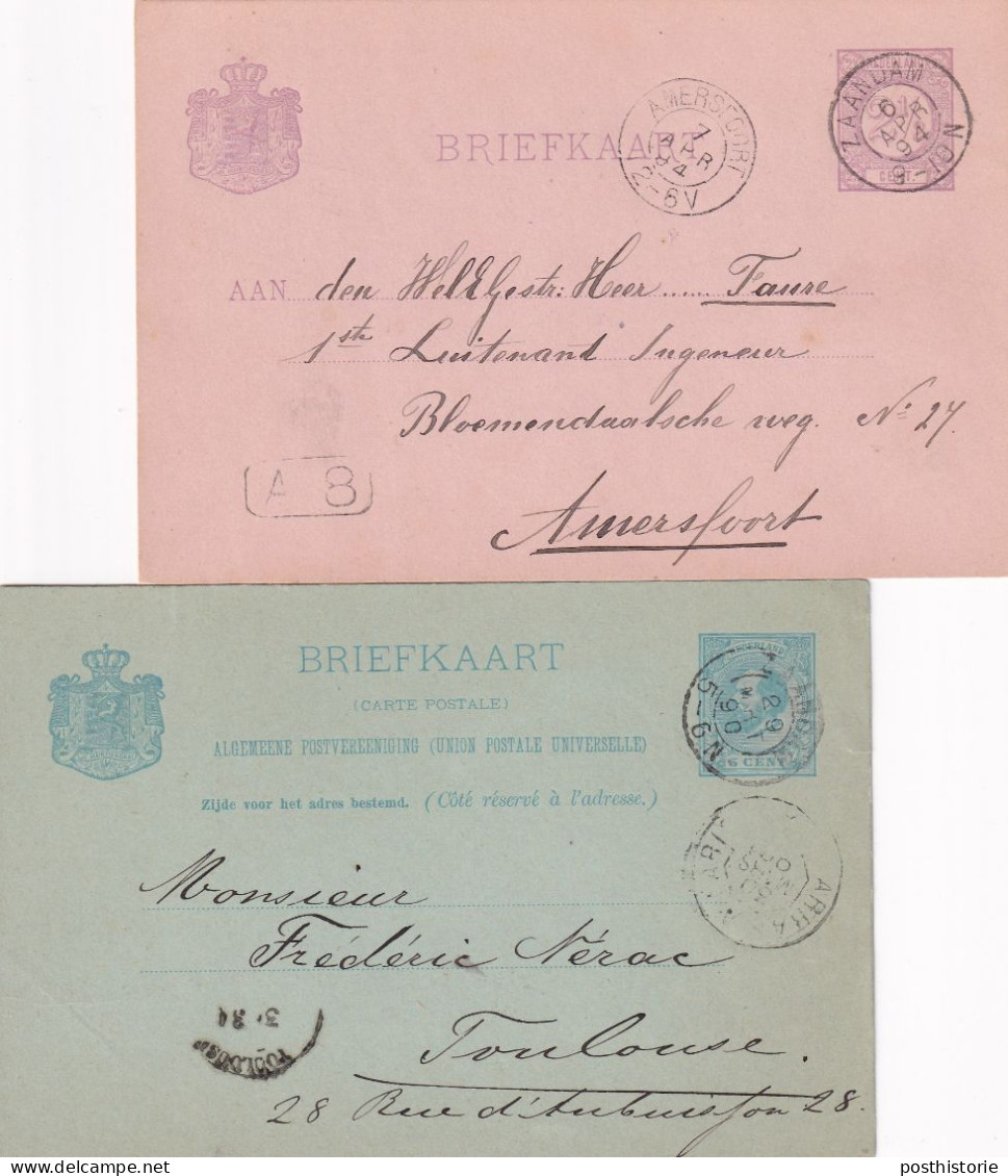 Briefkaarten 1890 En 1894 Zaandam (kleinrond) Naar Amersfoort En Toulose - Marcophilie