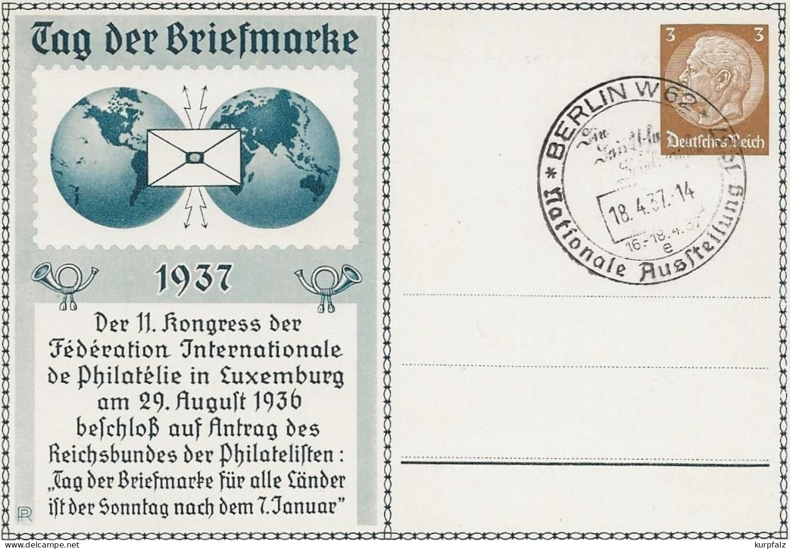 Deutsches Reich - Ganzsache PP 122, Tag Der Briefmarke 1937, Blanco Gestempelt Mit SSt. Berlin - Interi Postali Privati