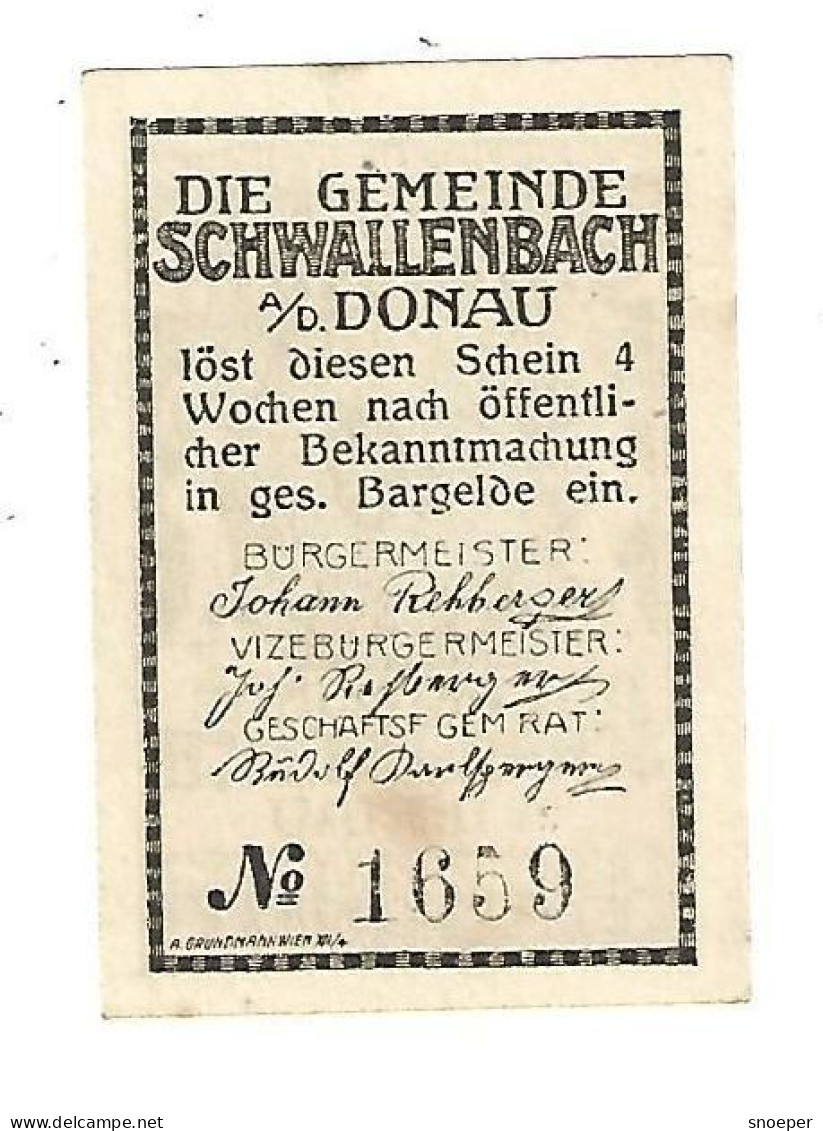 **Austria Notgeld Schwallenbach 50 Heller S975.2a - Austria