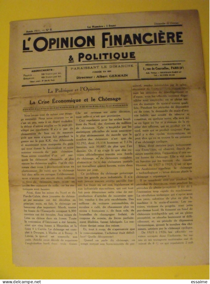 L'opinion Financière Et Politique N° 8 Du 22 Février 1931. Germain Crise économique Chômage Bourse - Altri & Non Classificati