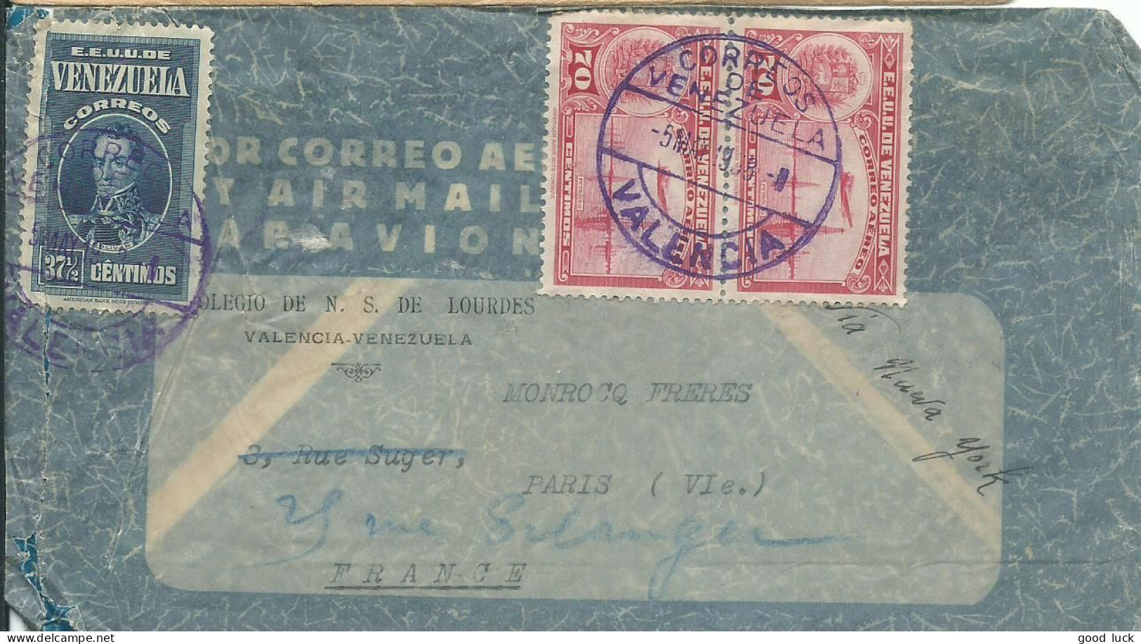 VENEZUELA  LETTRE PAR AVION 177.5c VALENCIA  POUR PARIS  DE 1938  LETTRE COVERP - Venezuela