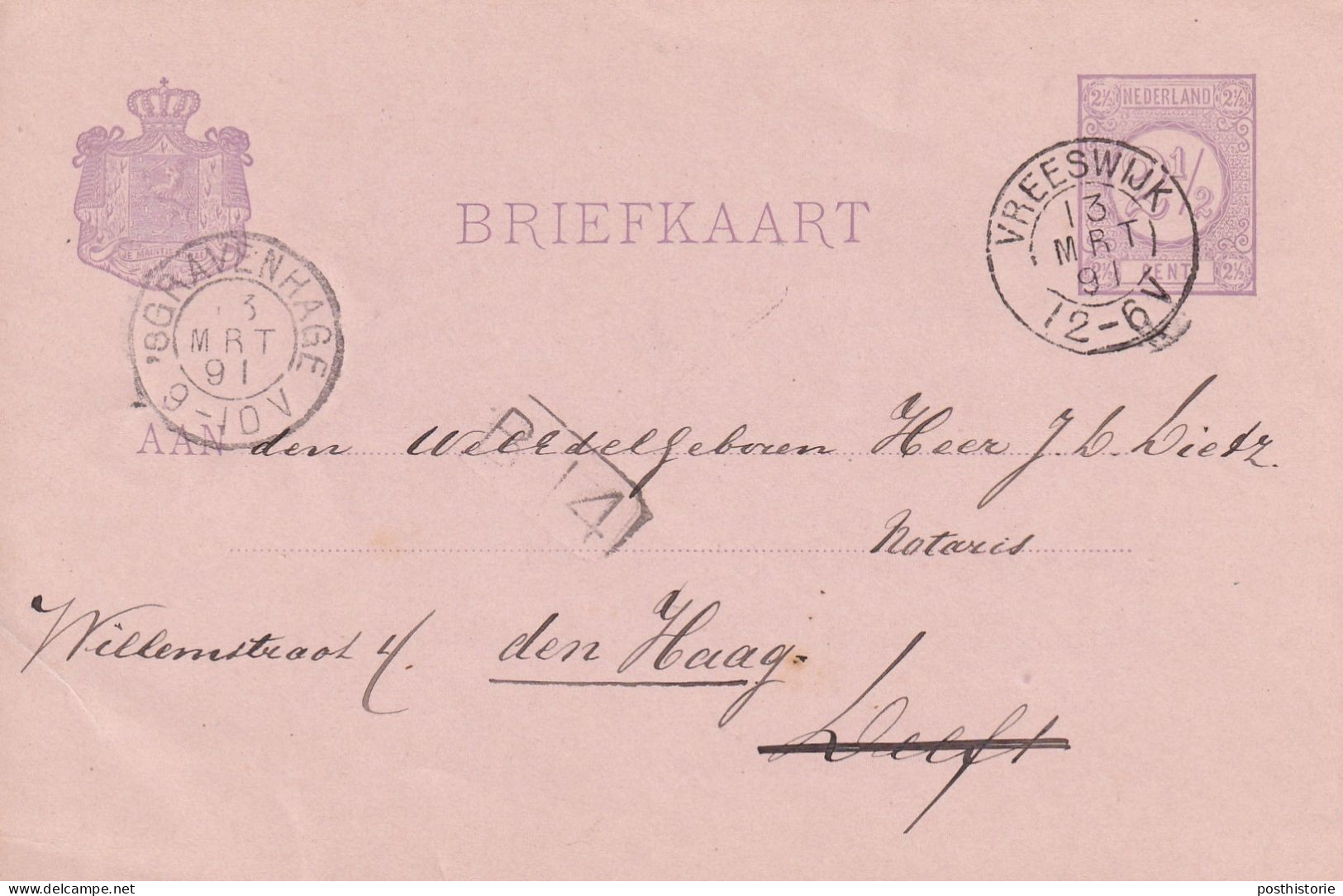 Briefkaart 13 Mrt 1891 Vreeswijk (kleinrond) Naar Den Haag - Poststempels/ Marcofilie